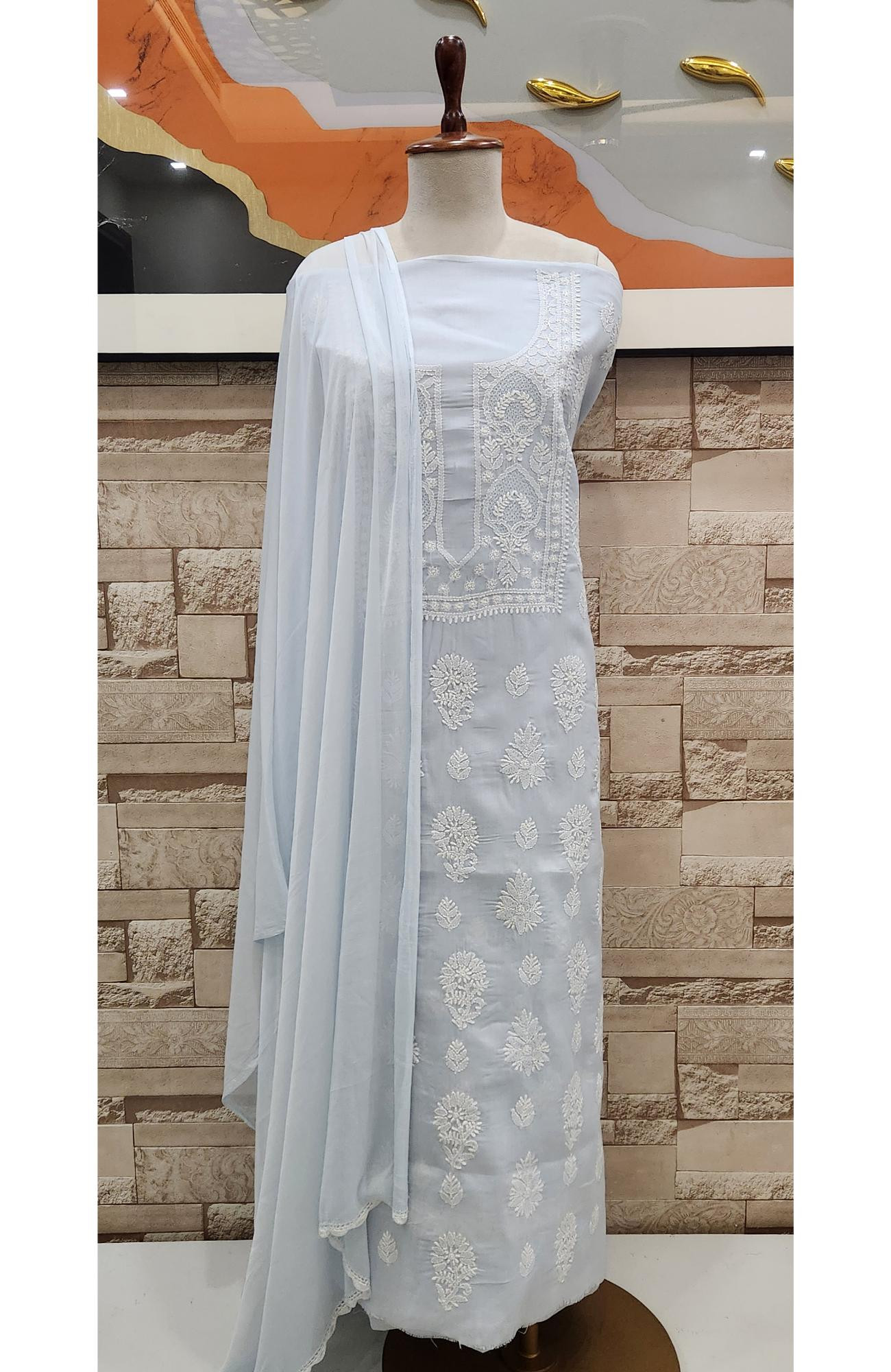 Blue Cotton Chikankari Suit Length