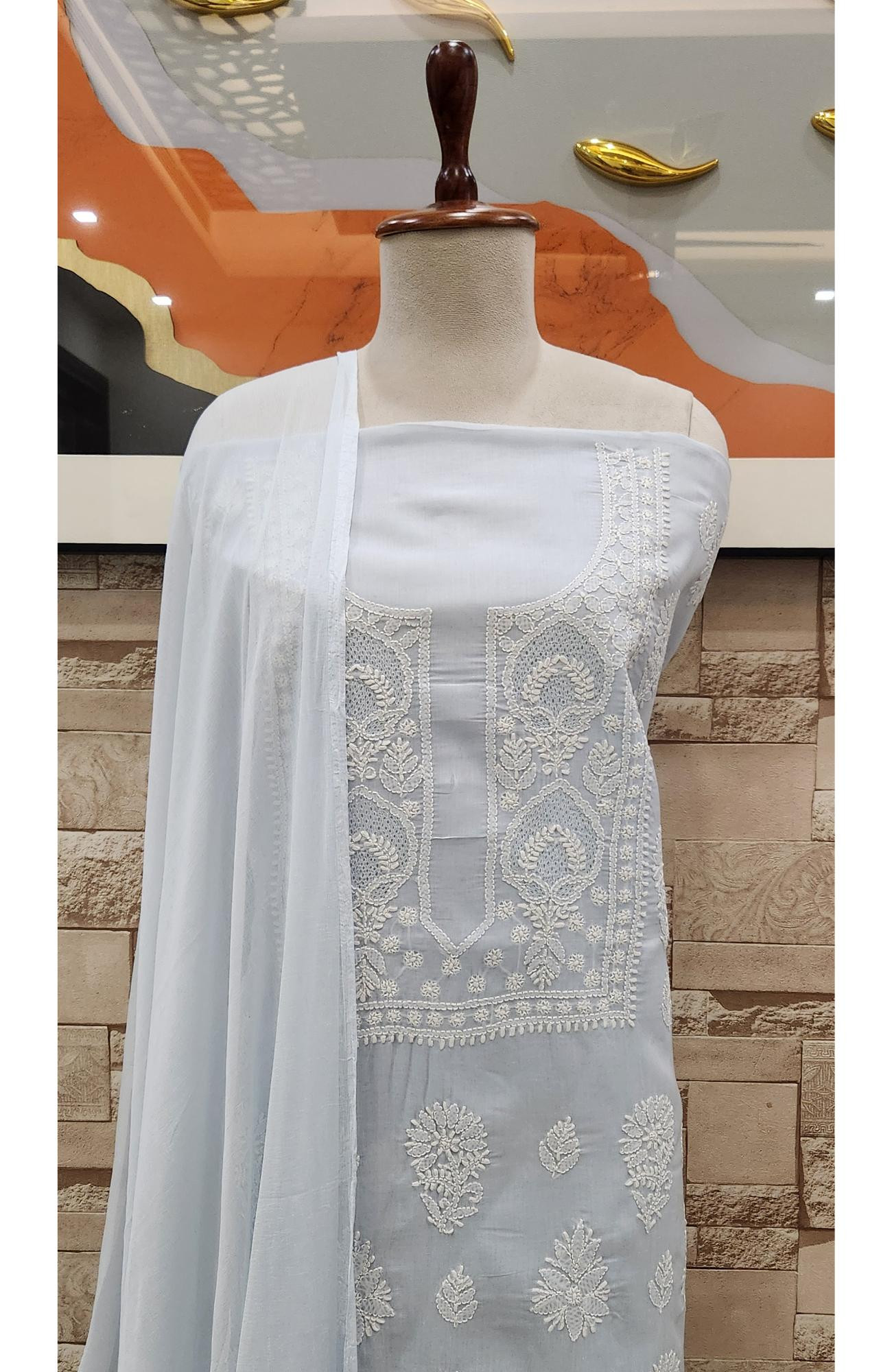 Blue Cotton Chikankari Suit Length