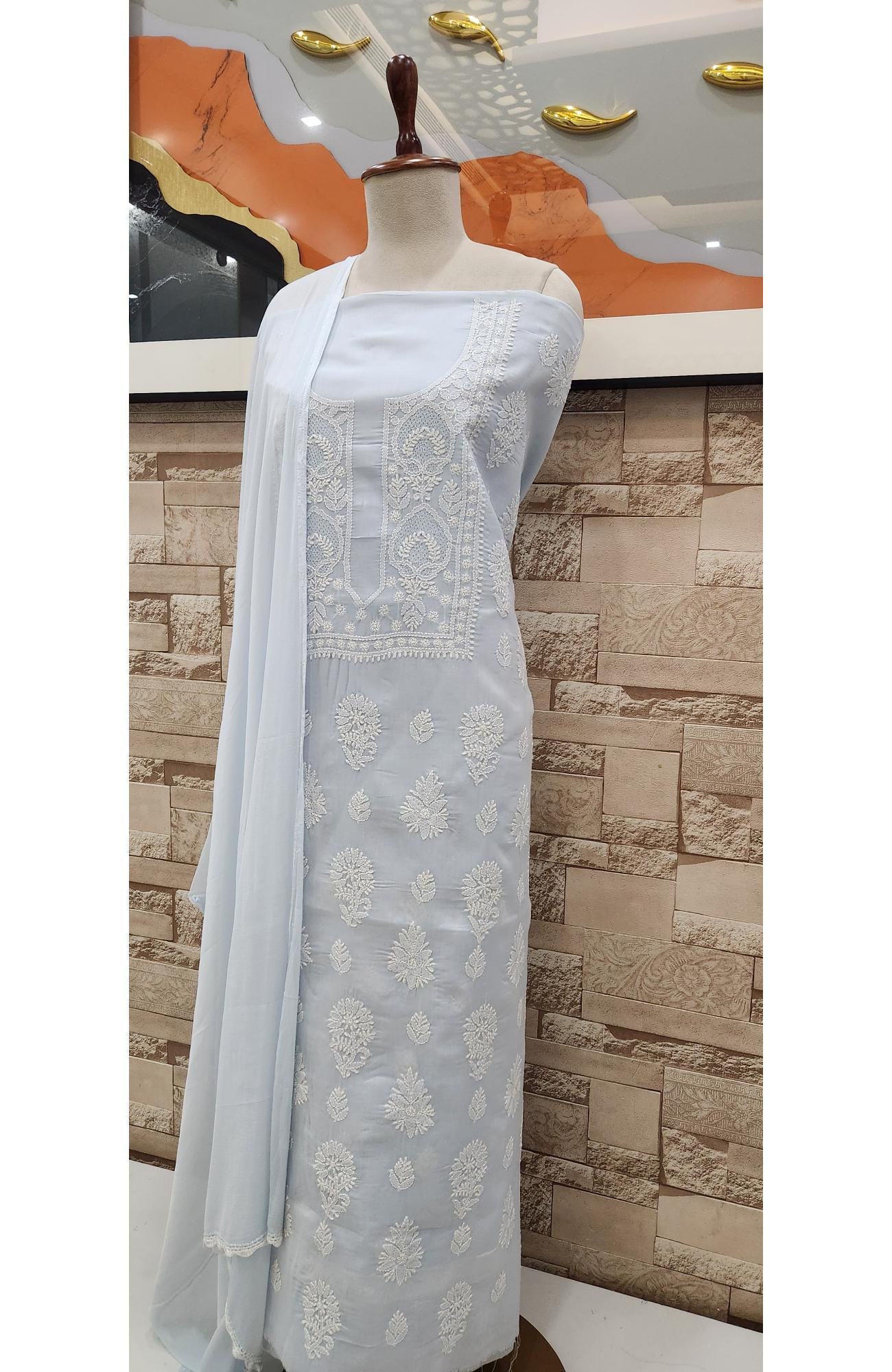 Blue Cotton Chikankari Suit Length