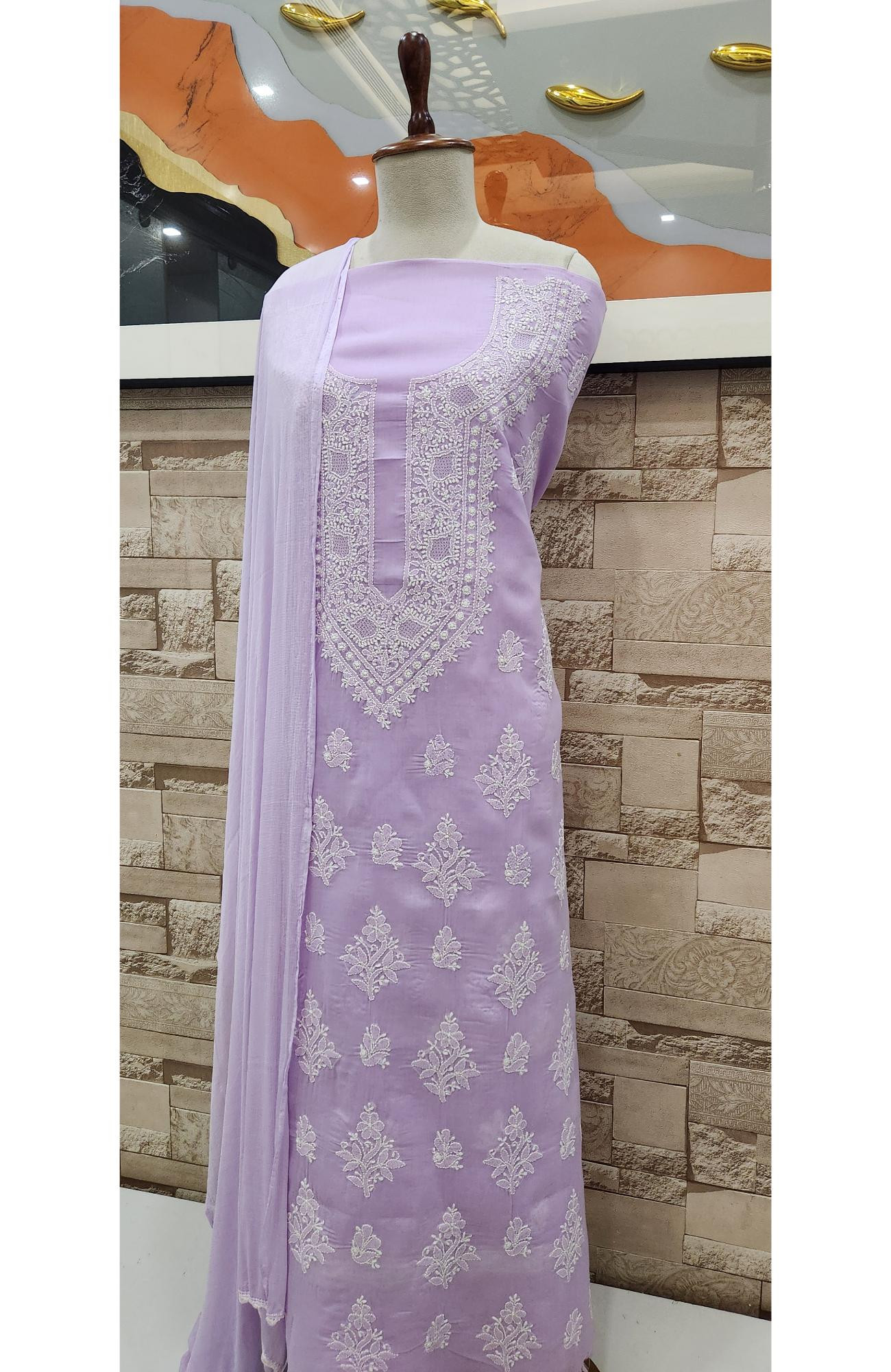 Purple  Cotton Chikankari Suit Length