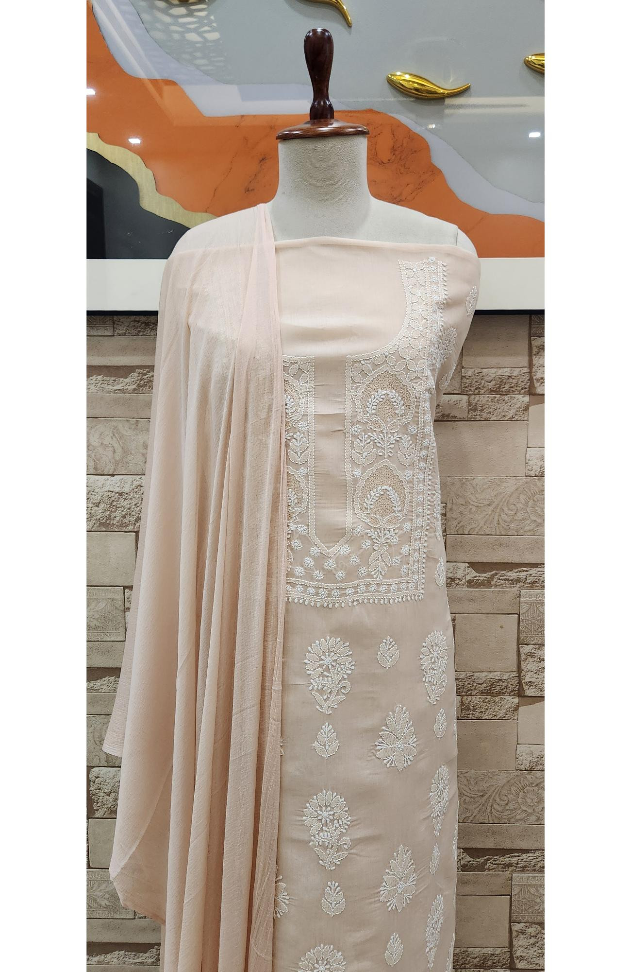 Light Peach Cotton Chikankari Suit Length