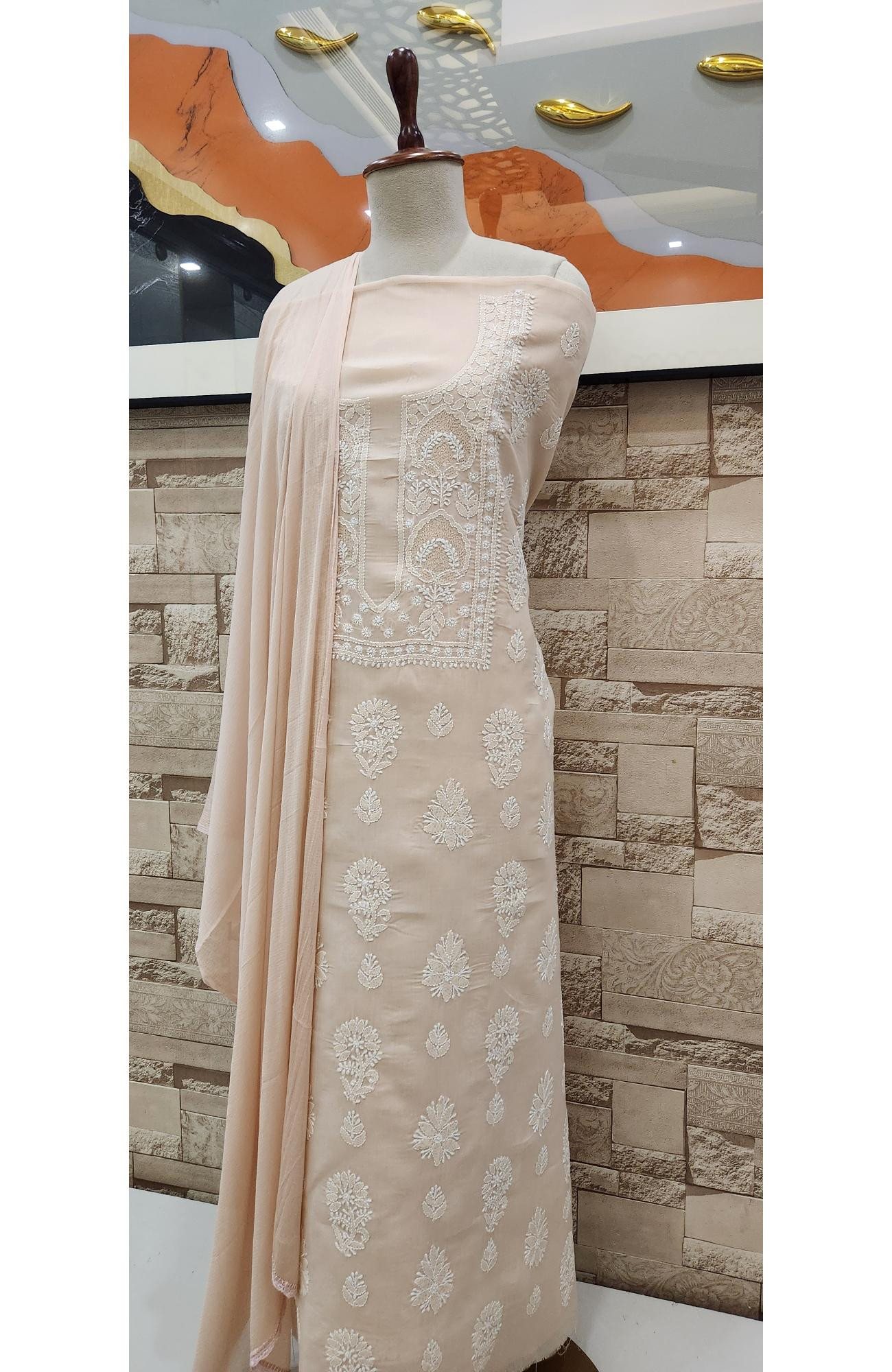 Light Peach Cotton Chikankari Suit Length