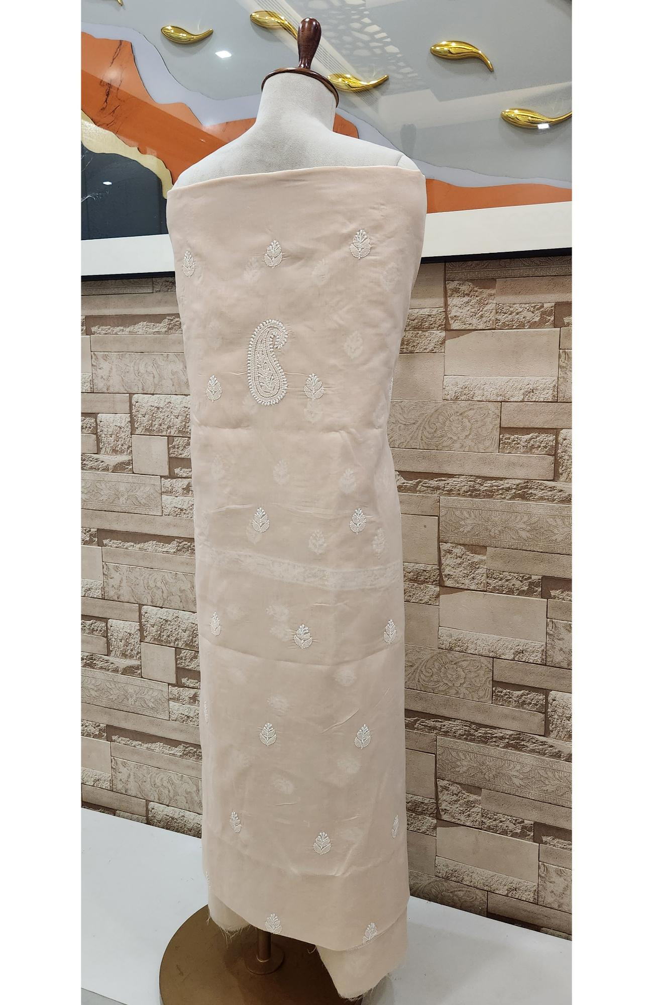 Light Peach Cotton Chikankari Suit Length
