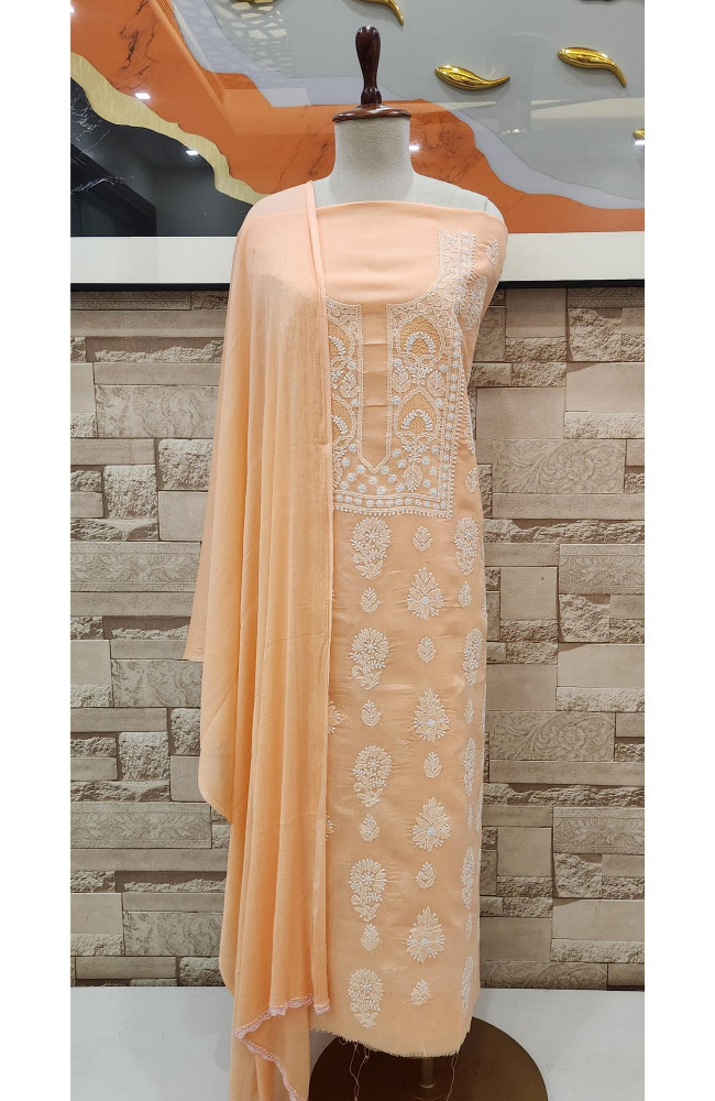 Image of Peach Cotton Chikankari Suit Length