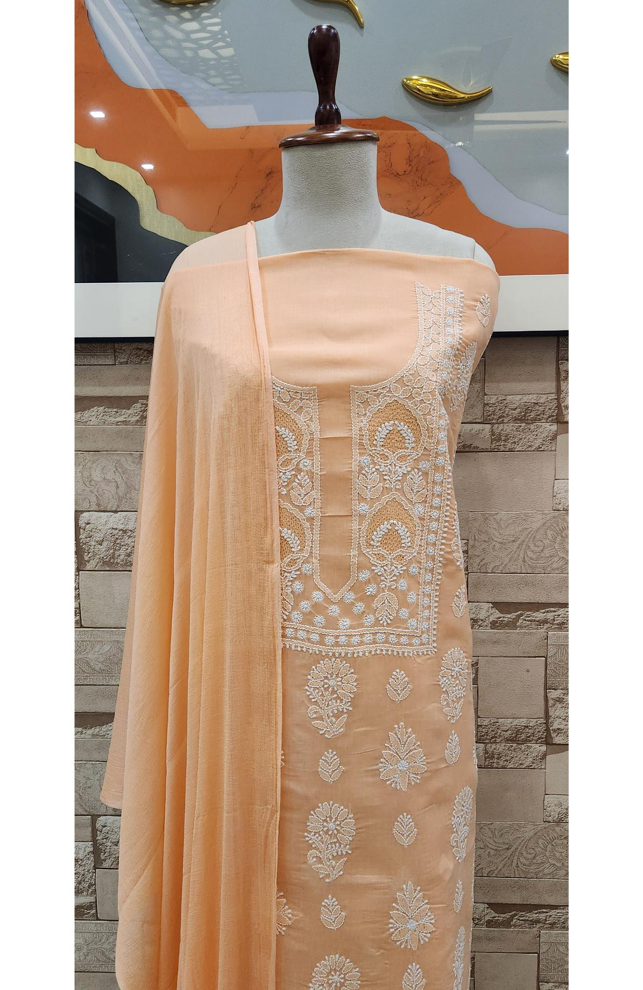 Peach Cotton Chikankari Suit Length