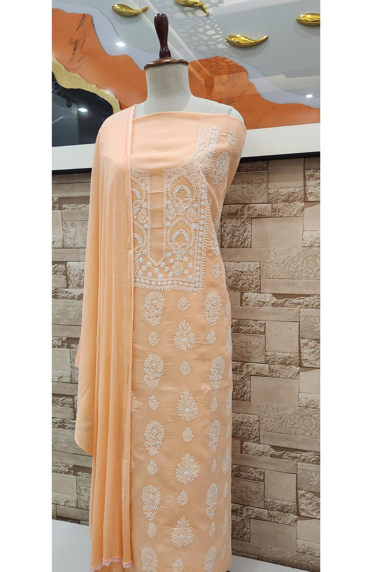 Peach Cotton Chikankari Suit Length