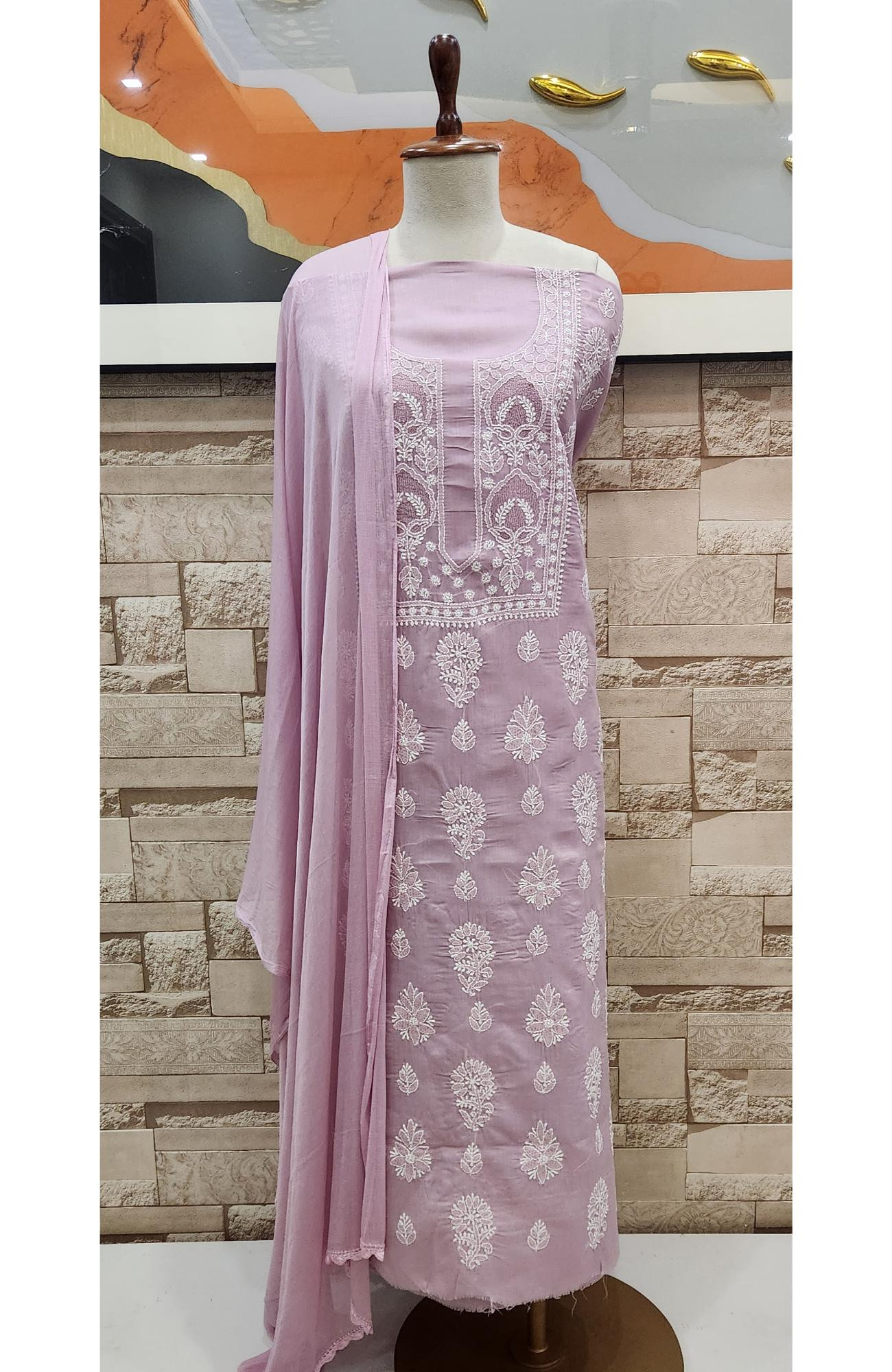 Onion  Cotton Chikankari Suit Length