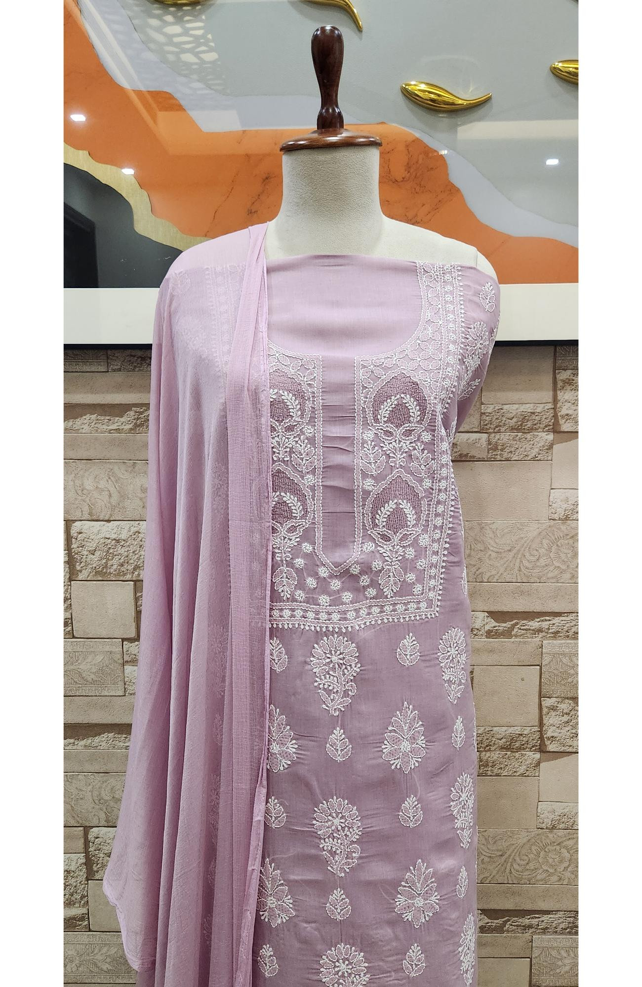 Onion  Cotton Chikankari Suit Length