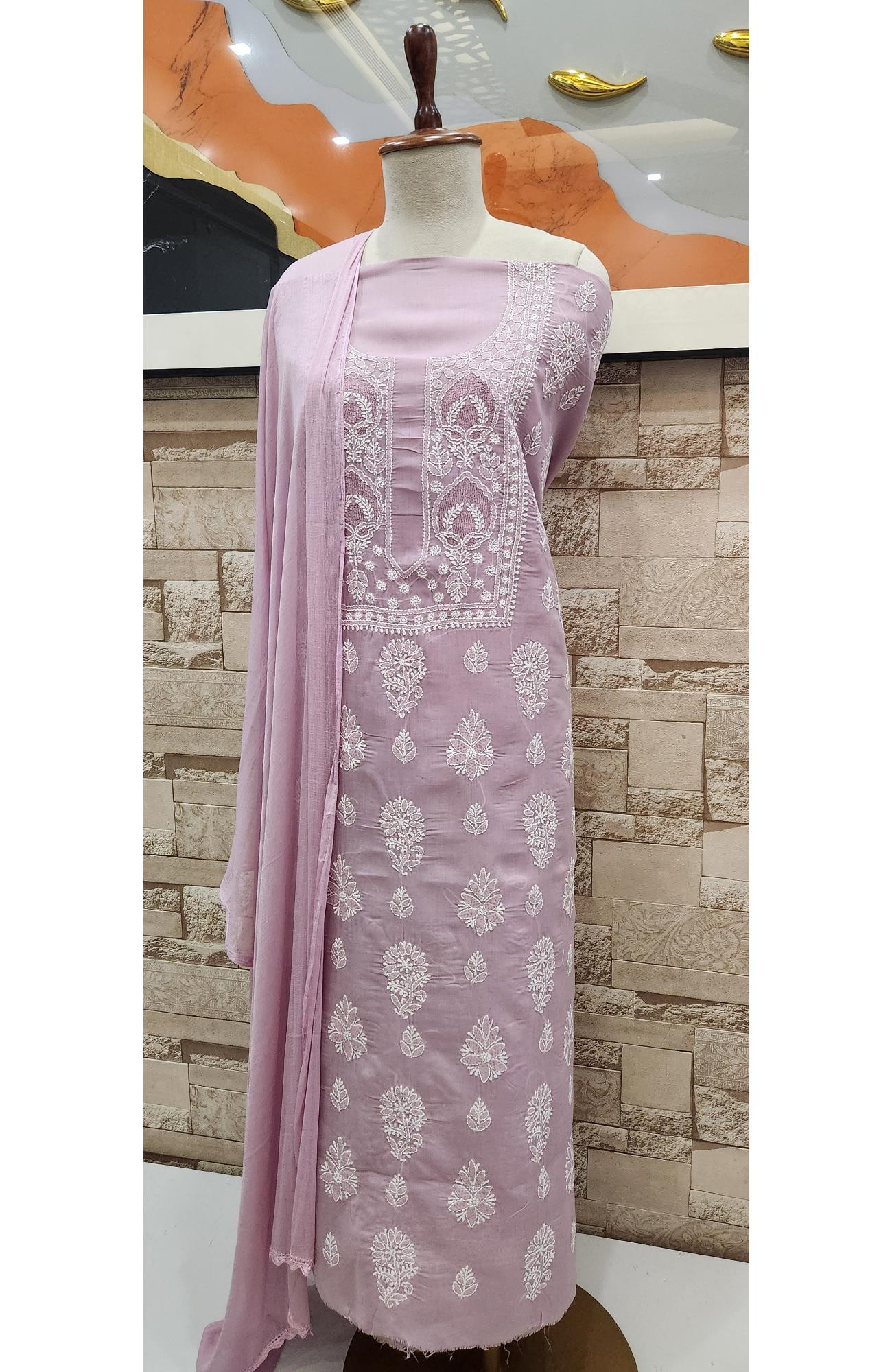 Onion  Cotton Chikankari Suit Length