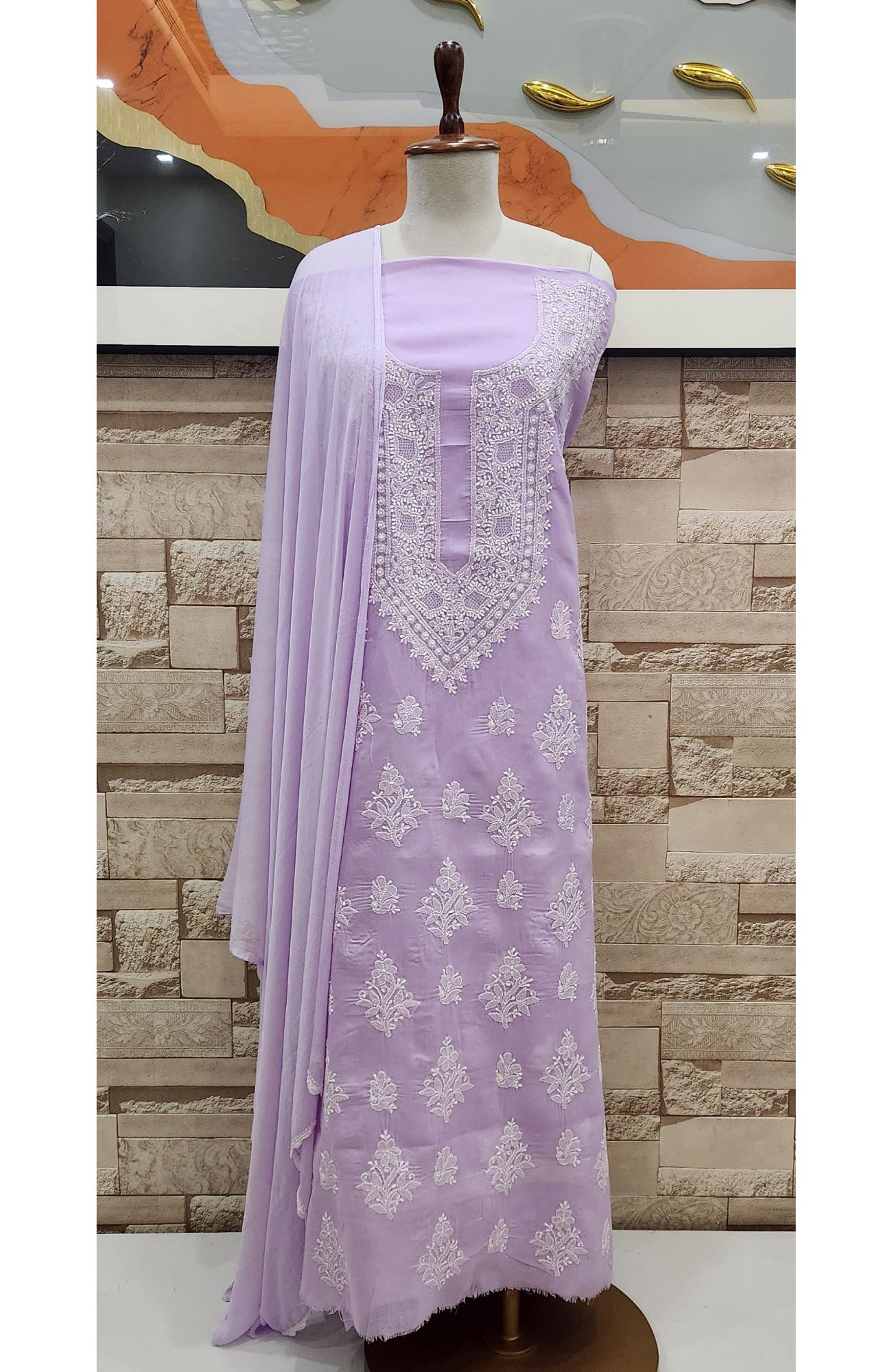 Purple  Cotton Chikankari Suit Length