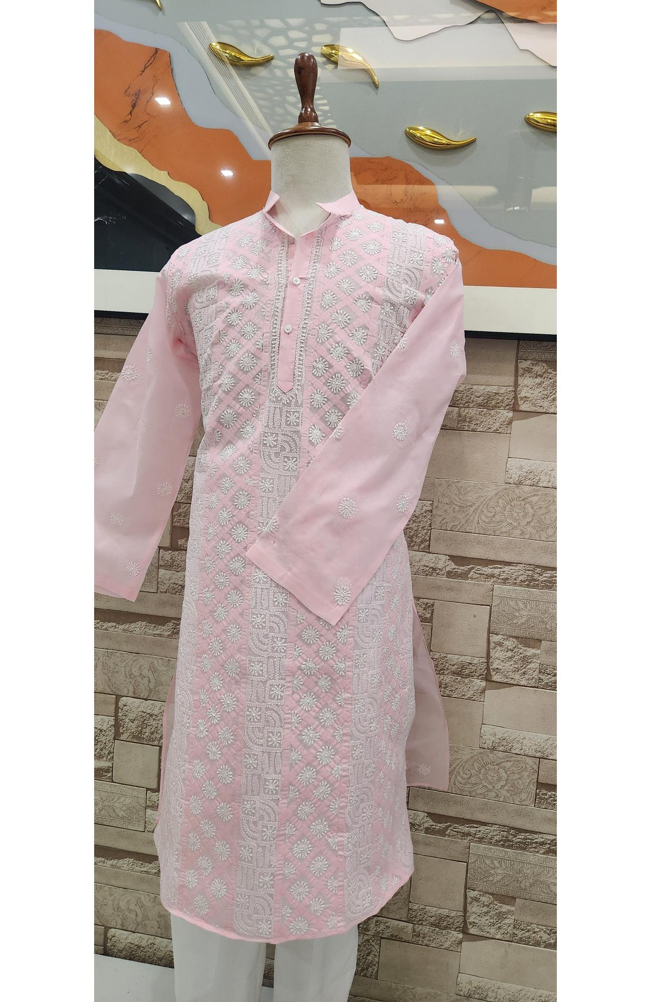 Pink  Cotton Chikankari Kurta