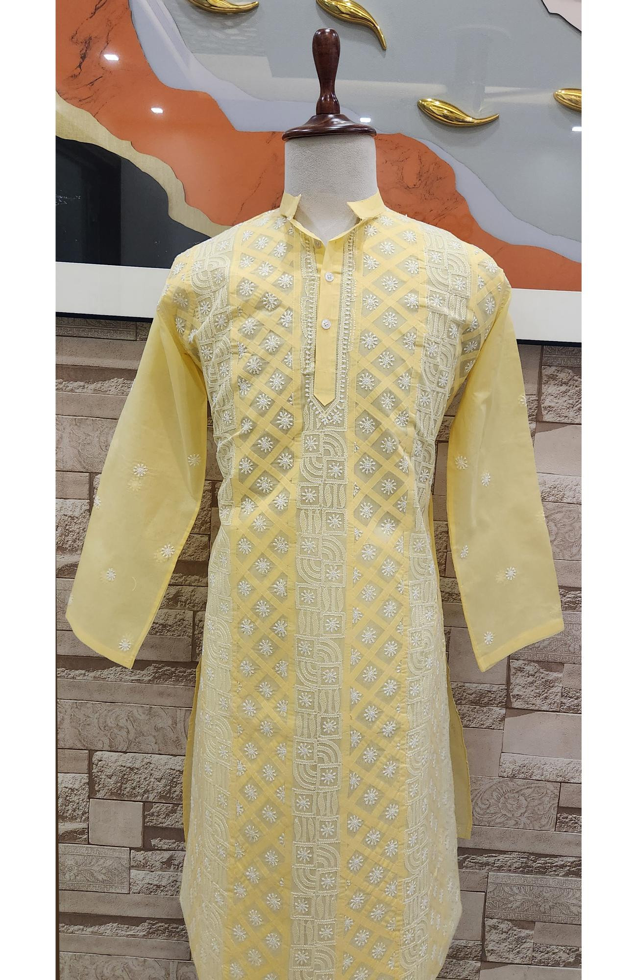 Rohia Yellow Cotton Mens Chikankari Kurta
