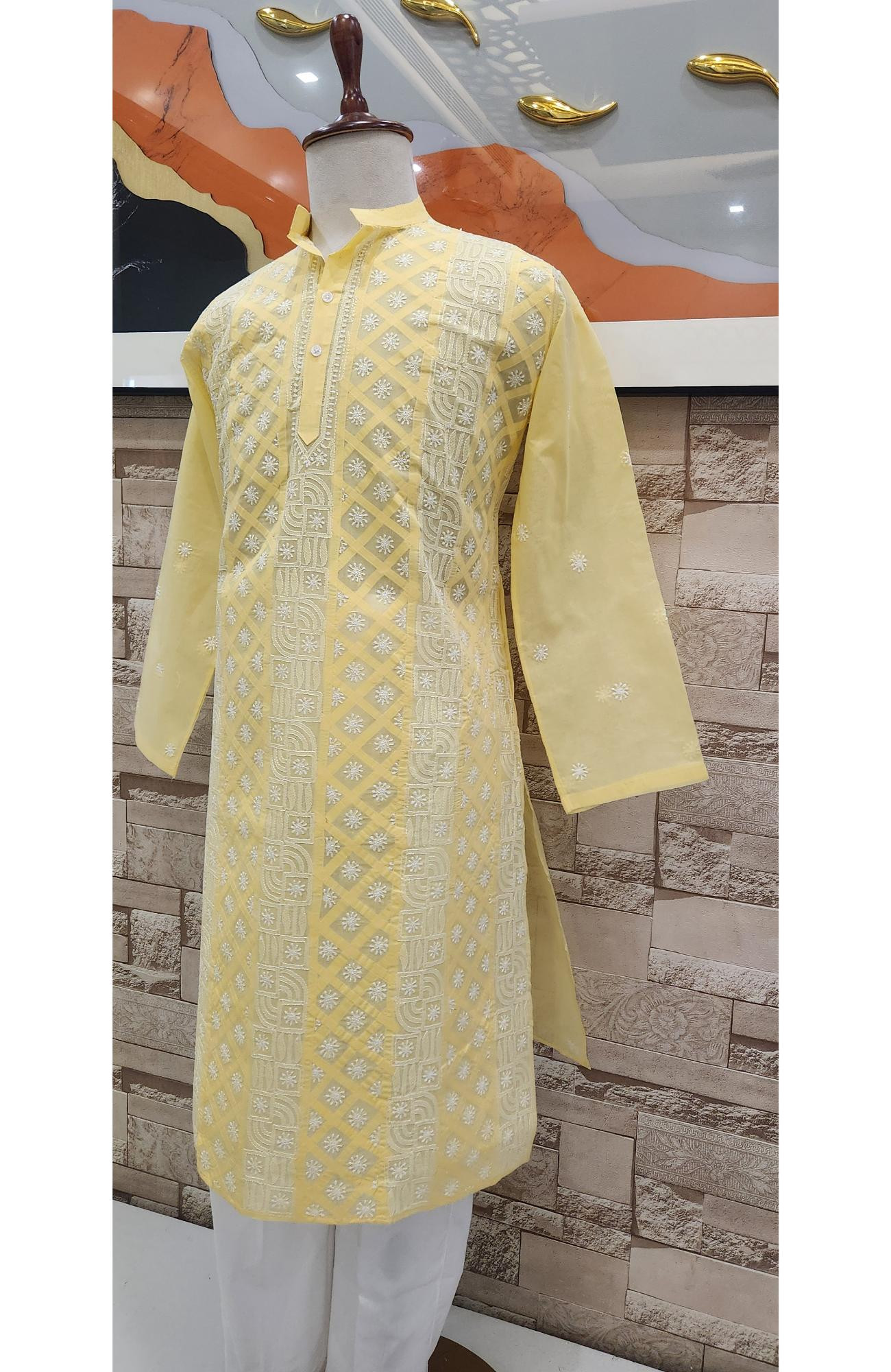 Rohia Yellow Cotton Mens Chikankari Kurta