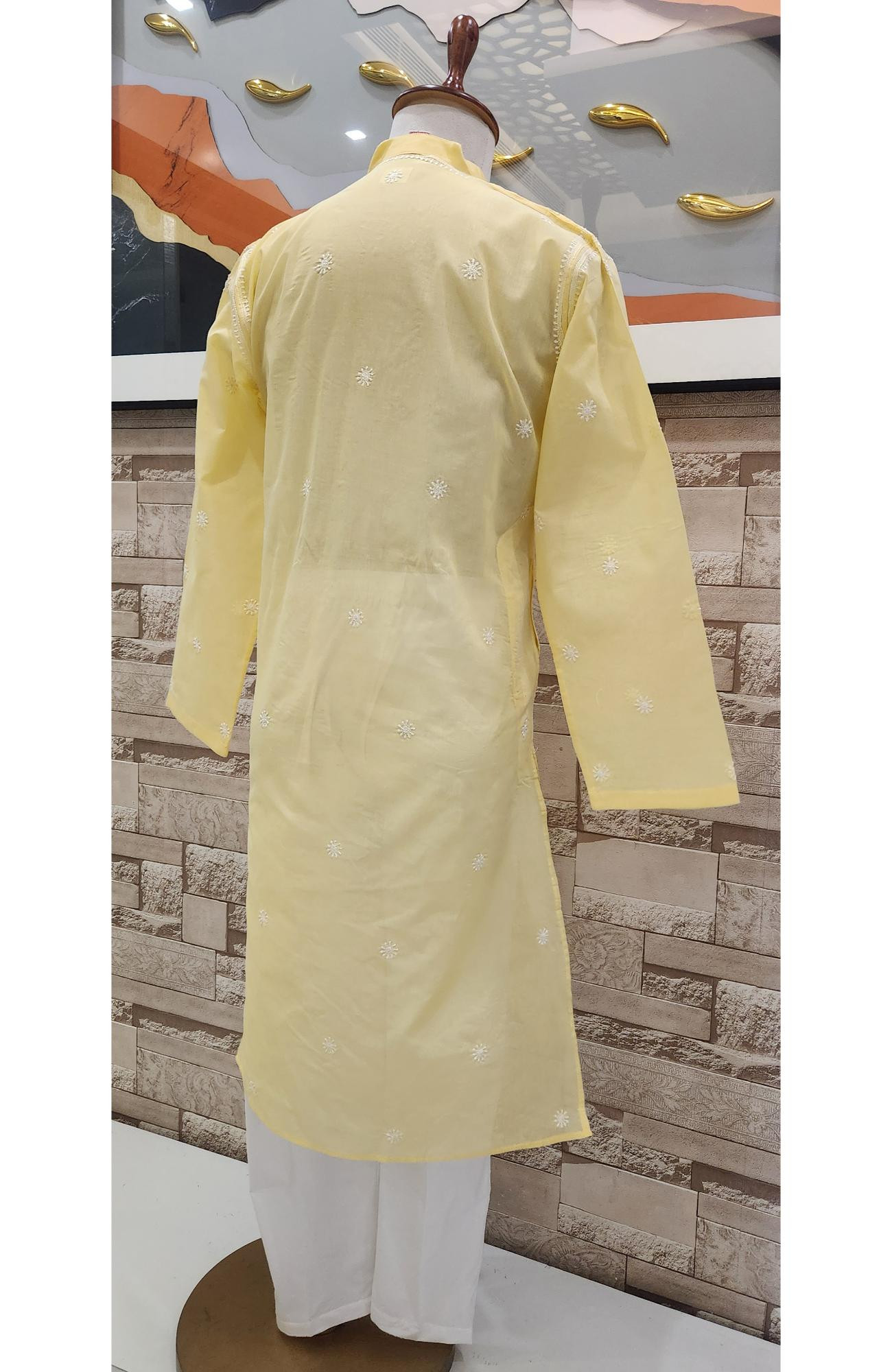 Rohia Yellow Cotton Mens Chikankari Kurta