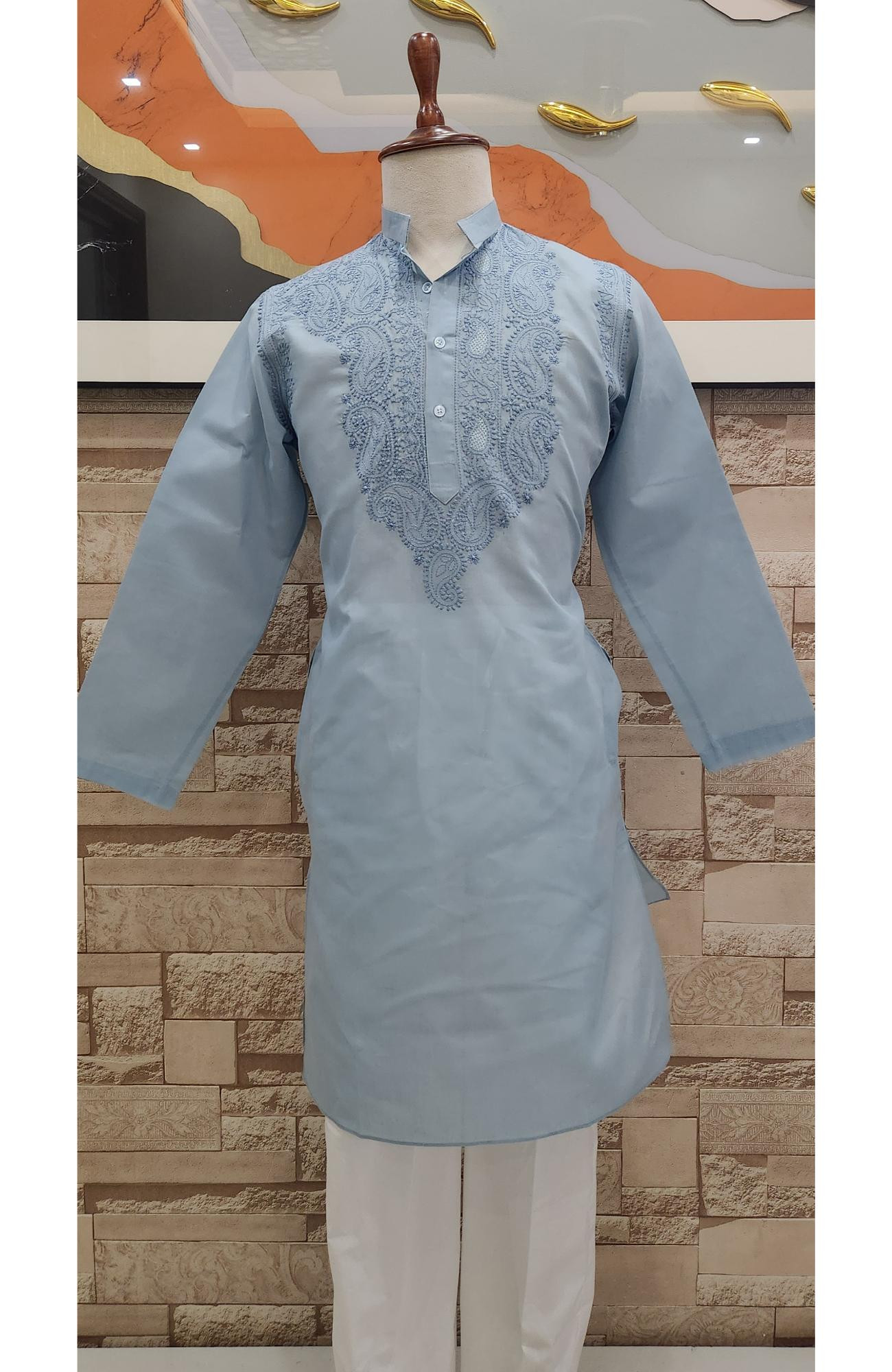 Blue Cotton Chikankari Kurta