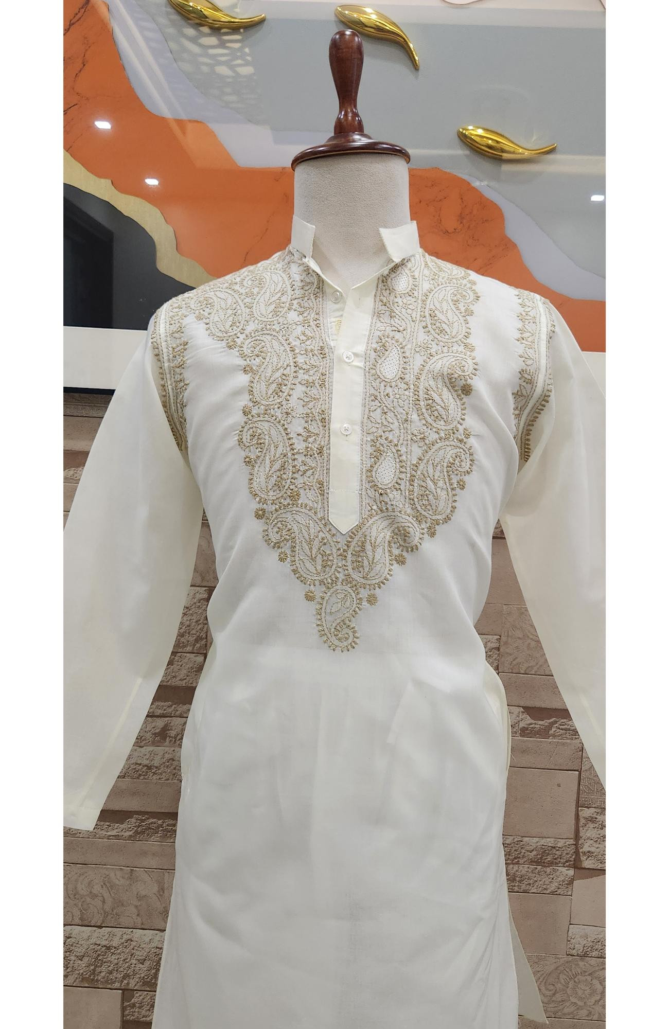 Beige Cotton Chikankari Kurta
