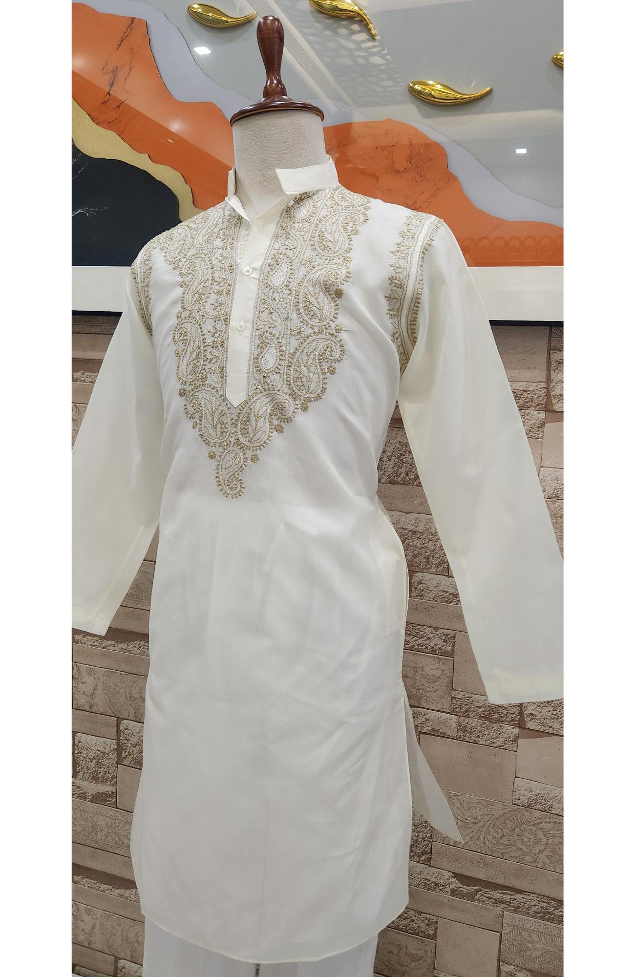 Beige Cotton Chikankari Kurta