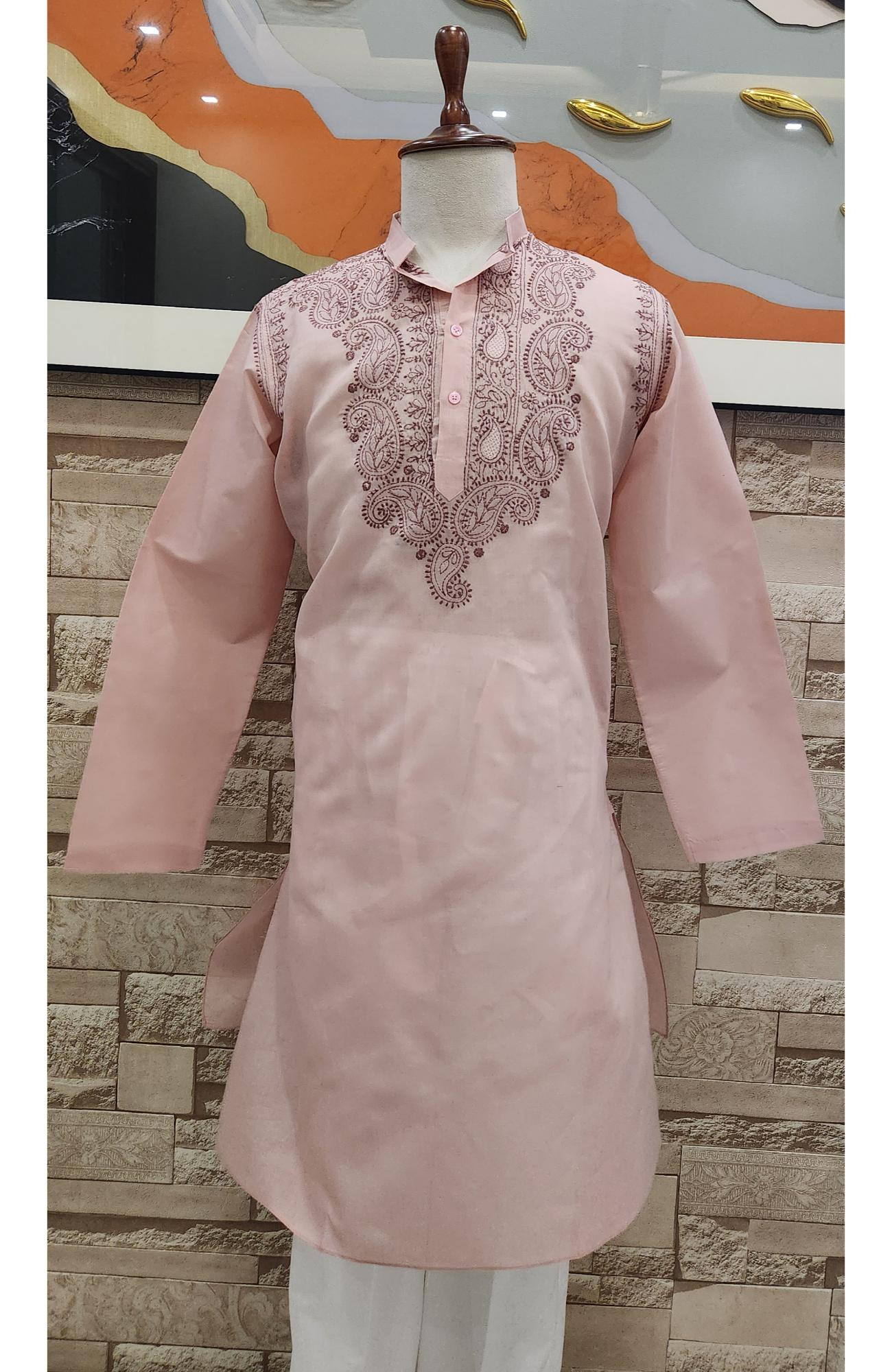 Peach Pink Cotton Chikankari Kurta