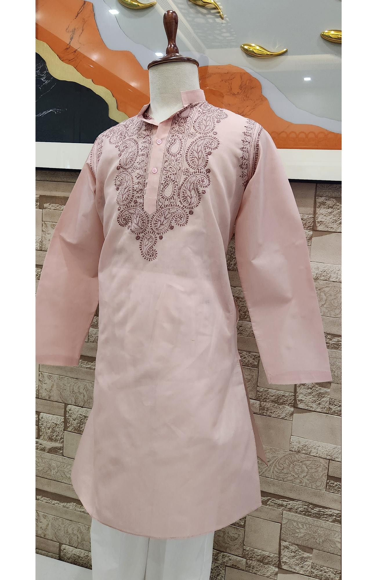 Peach Pink Cotton Chikankari Kurta