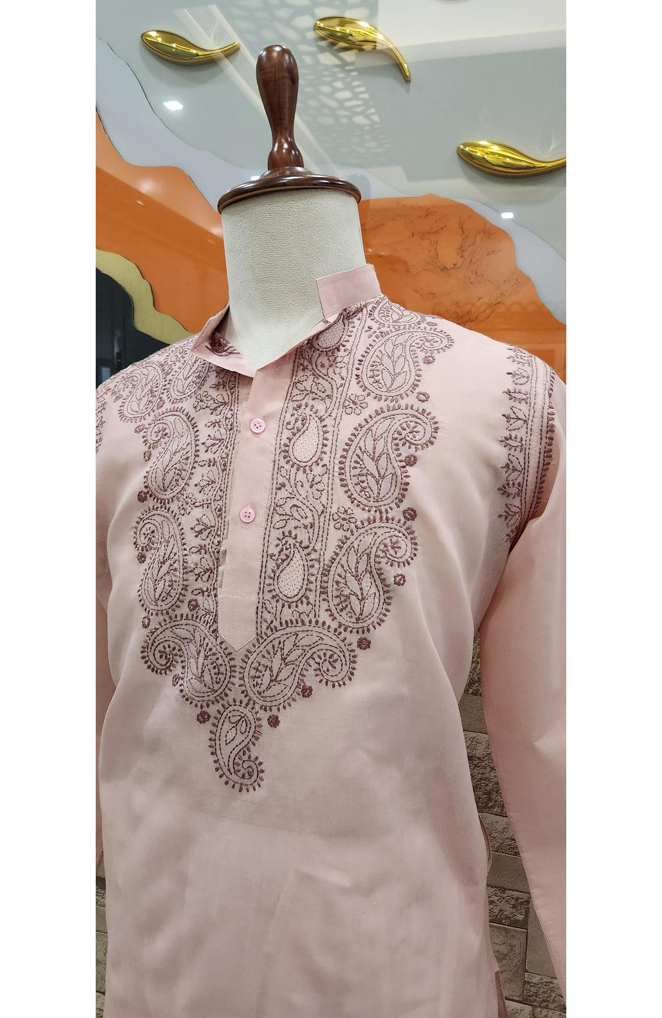 Peach Pink Cotton Chikankari Kurta