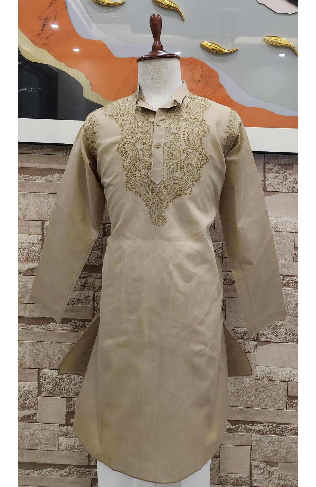 Beige  Cotton Chikankari Kurta
