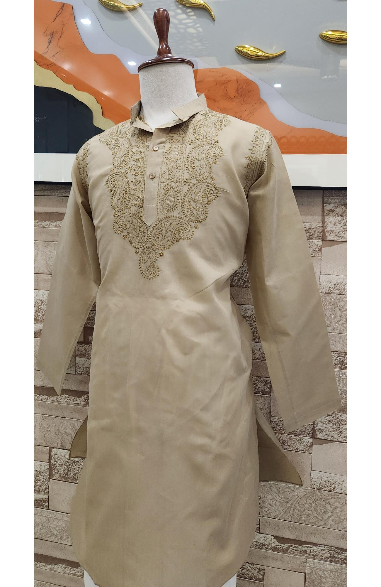 Beige  Cotton Chikankari Kurta