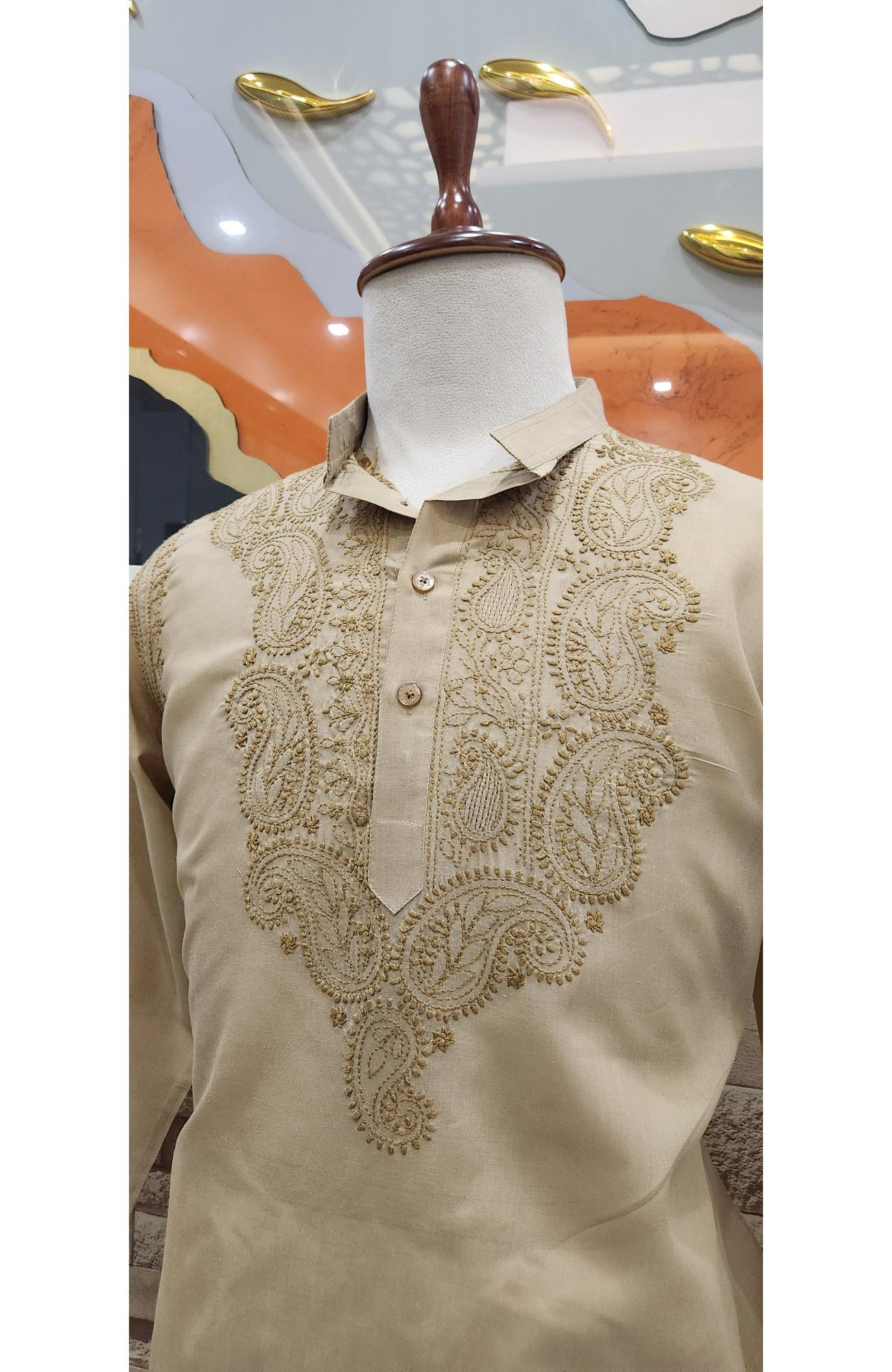 Beige  Cotton Chikankari Kurta