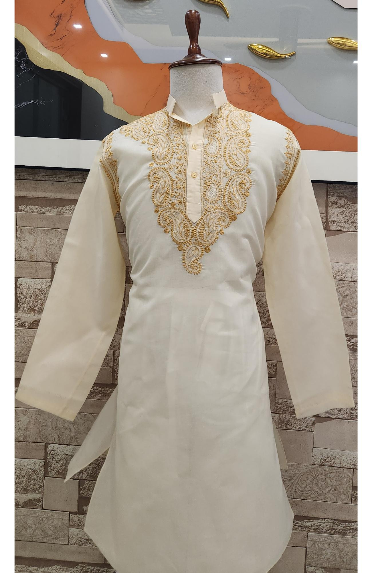 Beige Cotton Chikankari Kurta