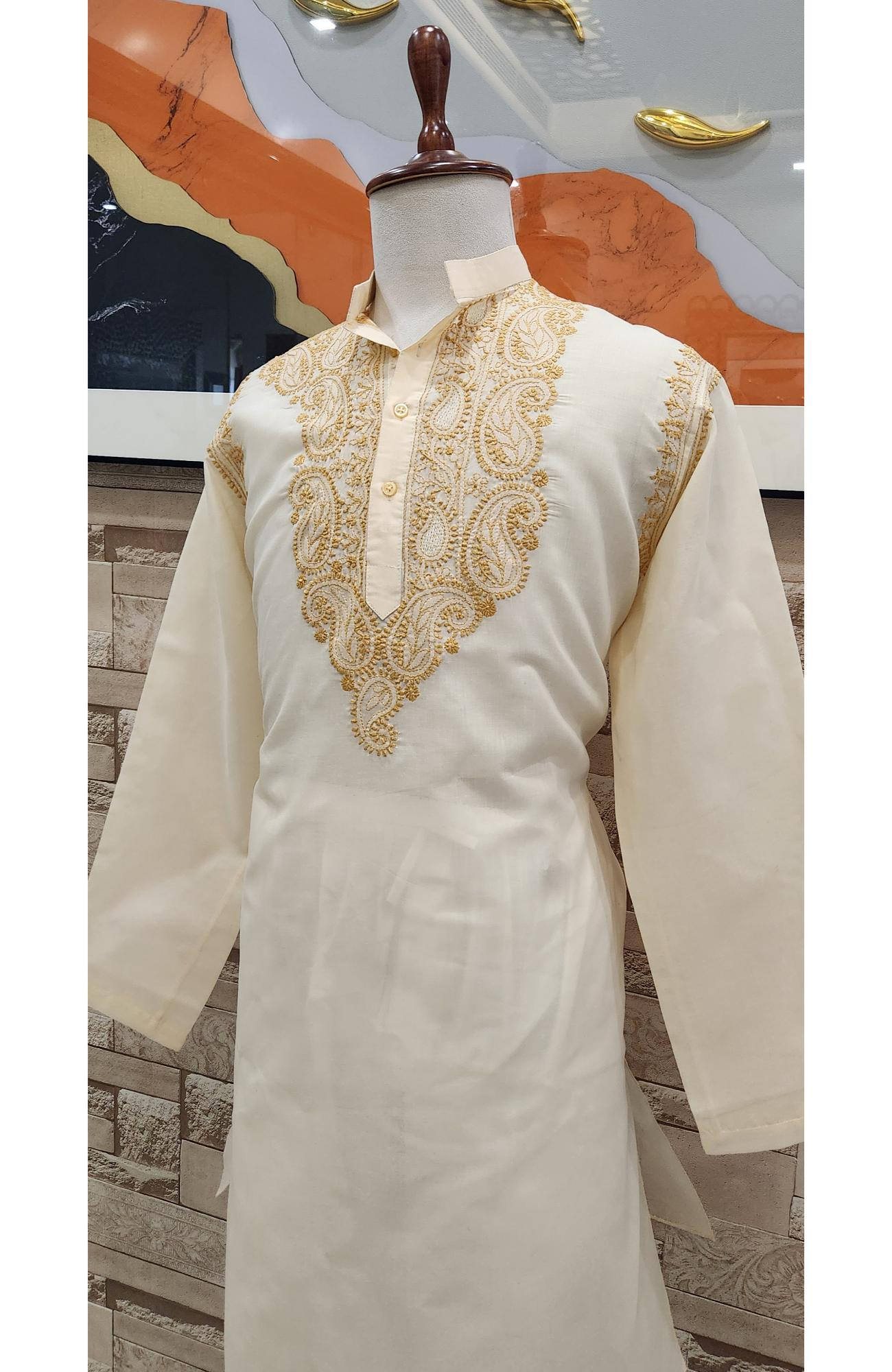 Beige Cotton Chikankari Kurta