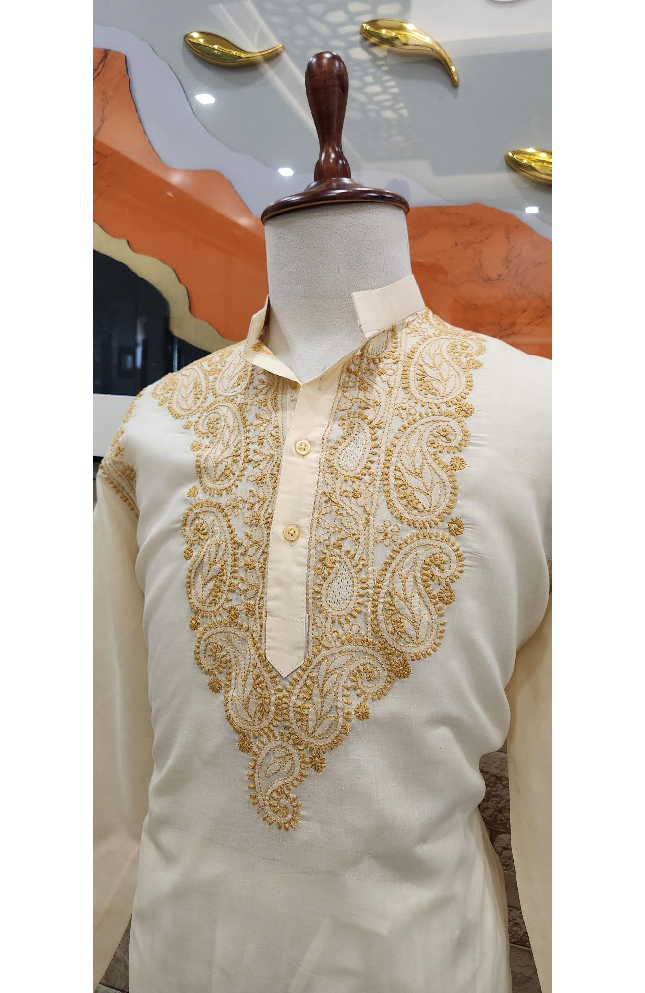 Beige Cotton Chikankari Kurta