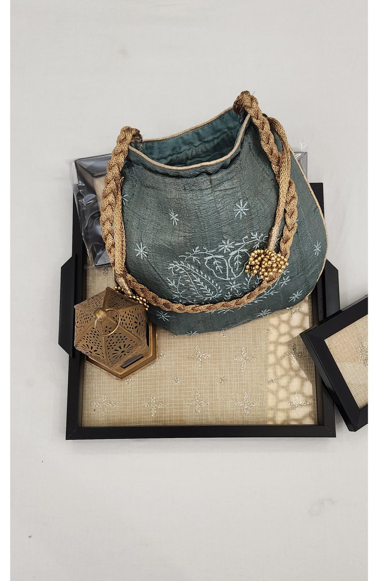 Bottle Green Chikankari Potli Bag in Monga Silk  Rohia By Chhangamal