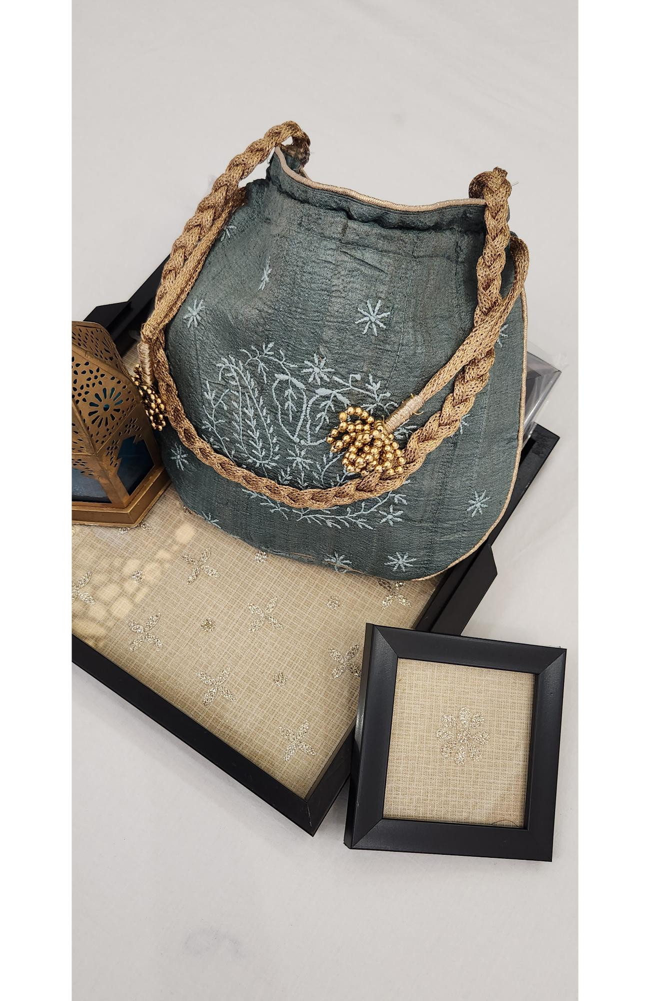 Bottle Green Chikankari Potli Bag in Monga Silk  Rohia By Chhangamal