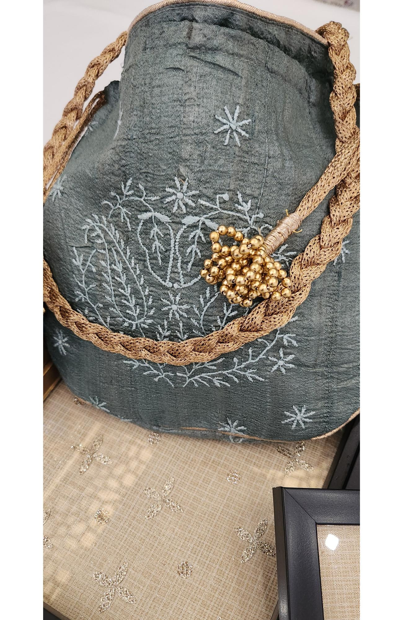 Bottle Green Chikankari Potli Bag in Monga Silk  Rohia By Chhangamal