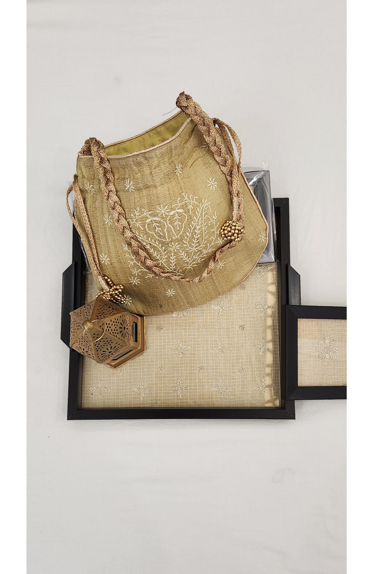 Beige Chikankari Potli Bag in Monga Silk  Rohia By Chhangamal