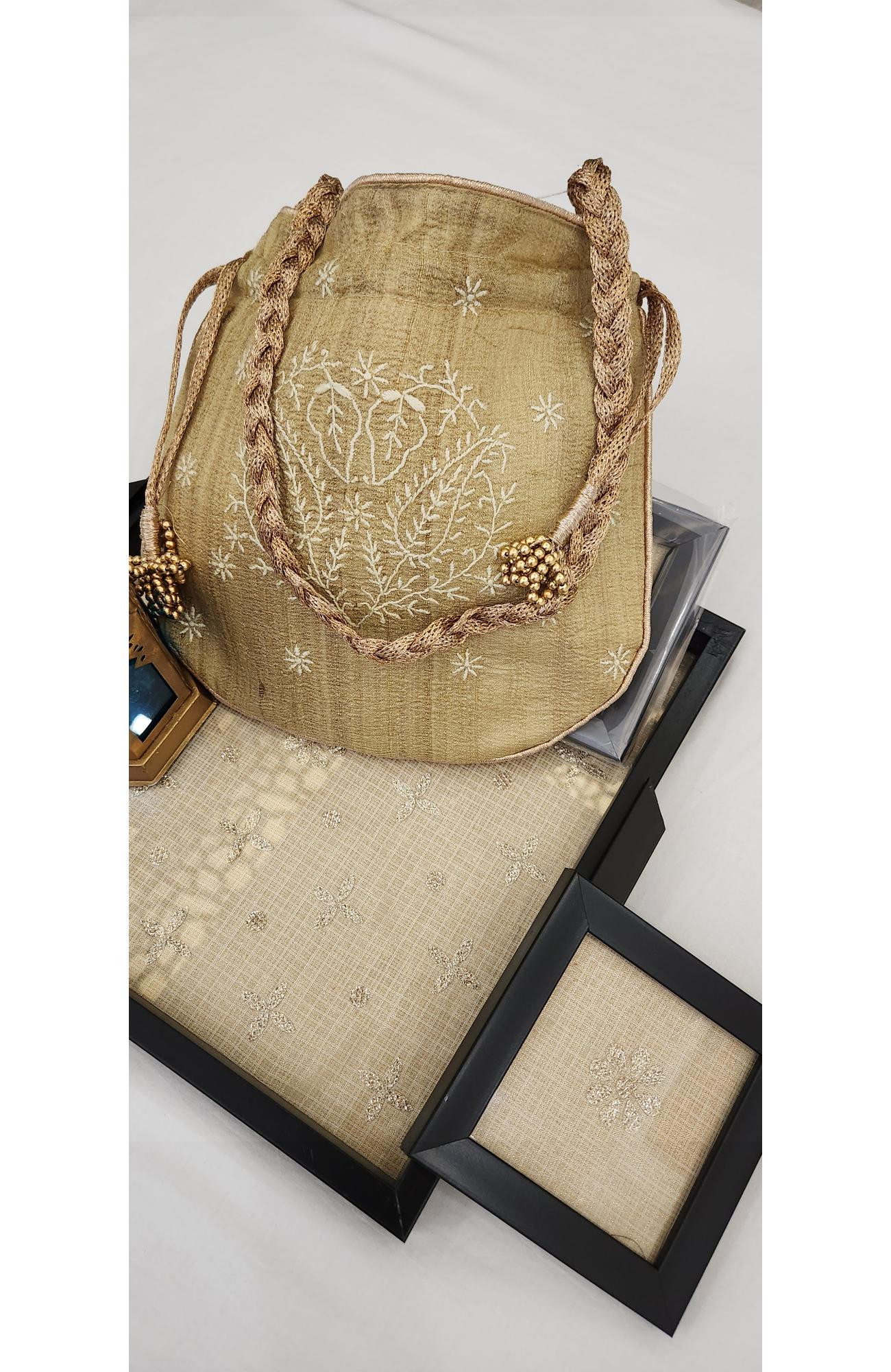 Beige Chikankari Potli Bag in Monga Silk  Rohia By Chhangamal