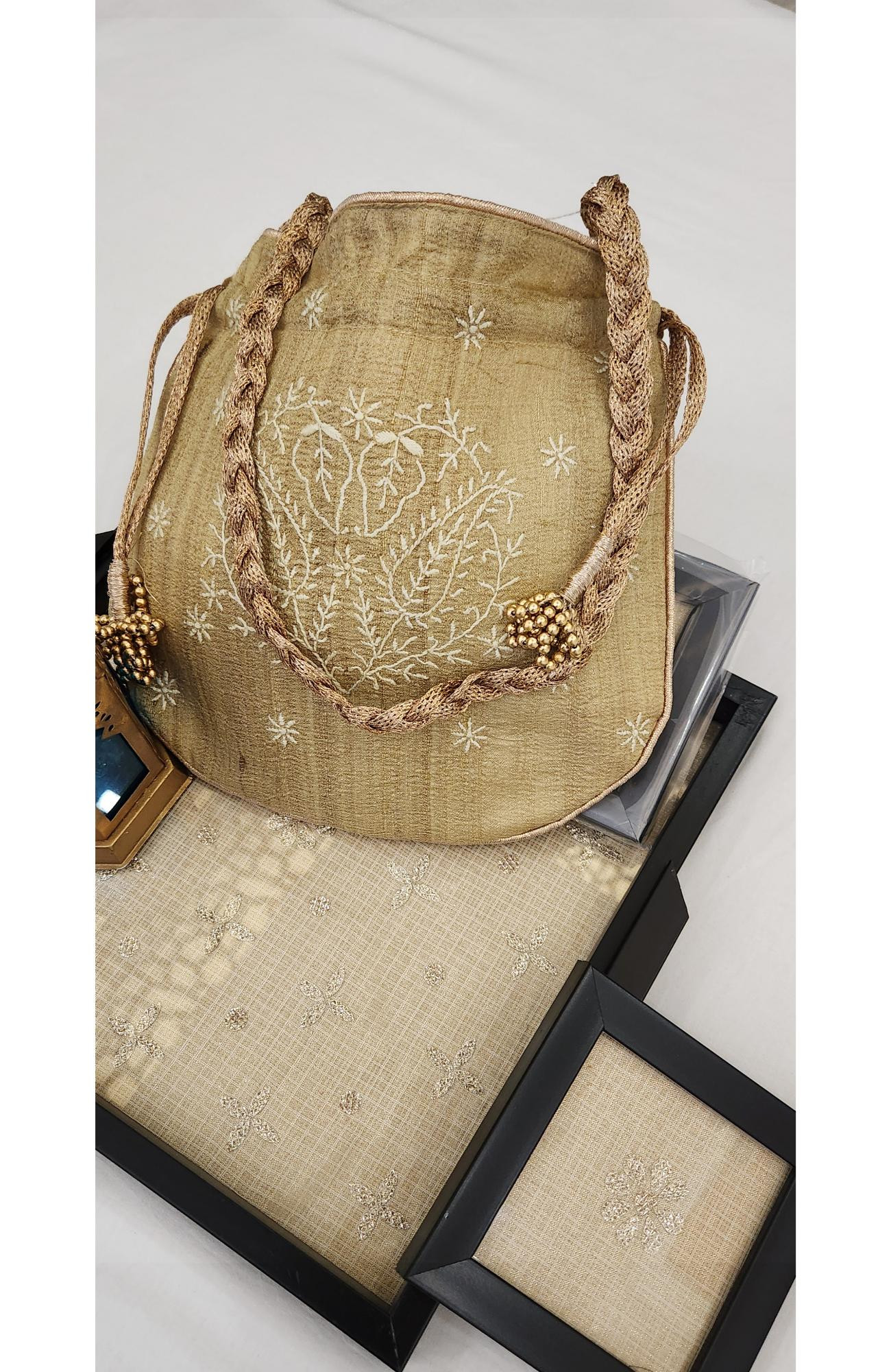 Beige Chikankari Potli Bag in Monga Silk  Rohia By Chhangamal