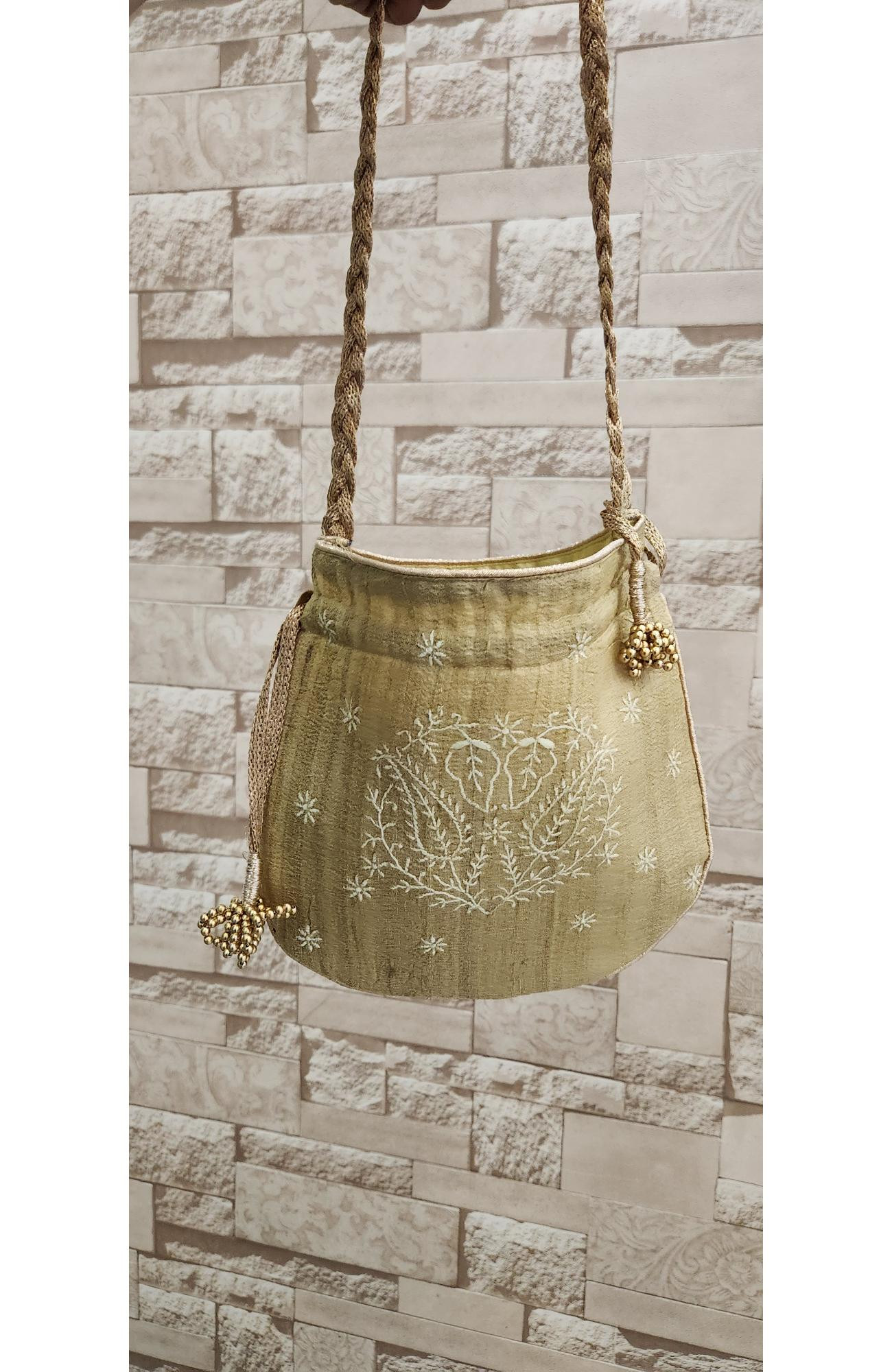 Beige Chikankari Potli Bag in Monga Silk  Rohia By Chhangamal