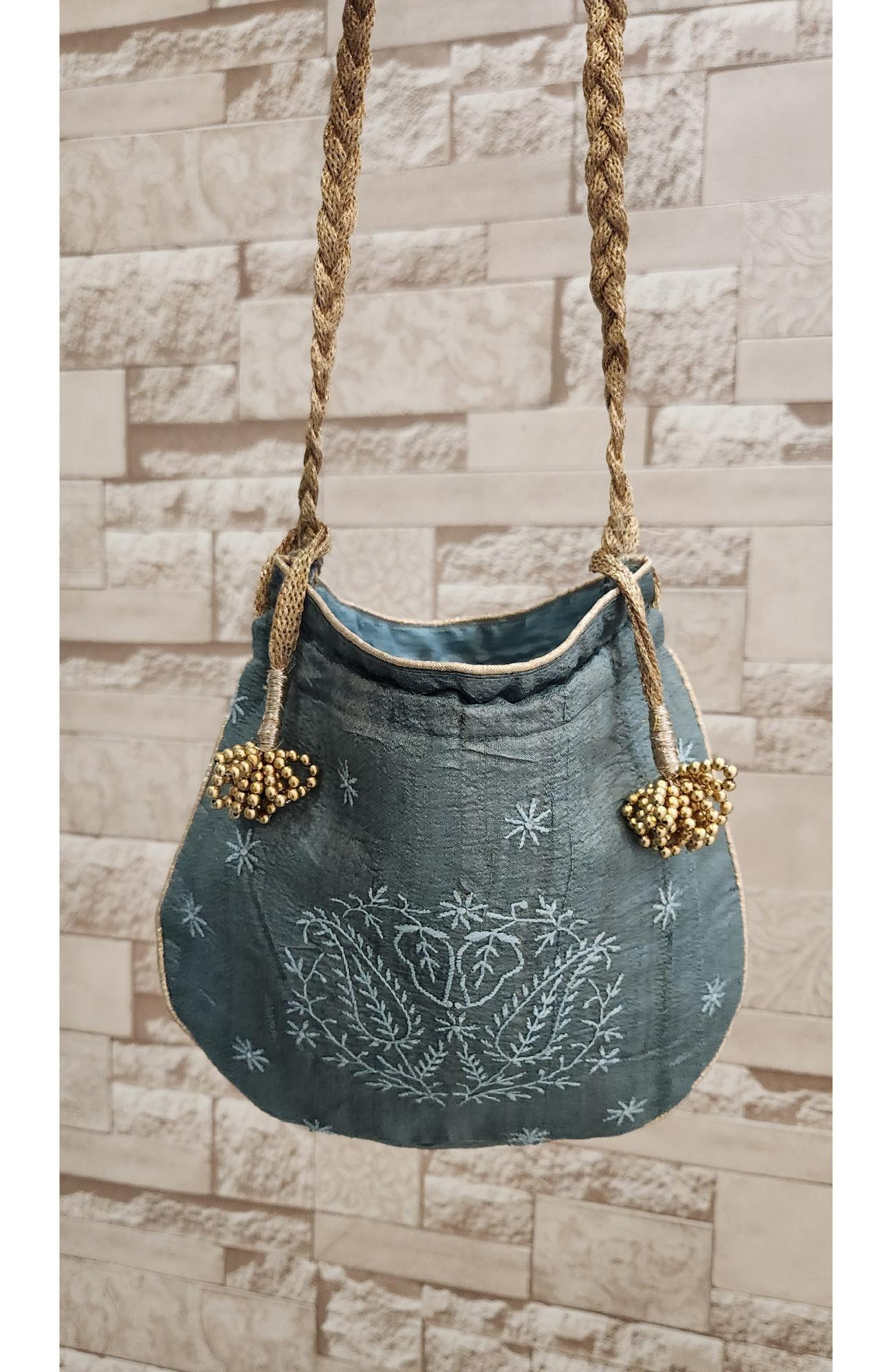 Purple Chikankari Potli Bag in Monga Silk  Rohia By Chhangamal