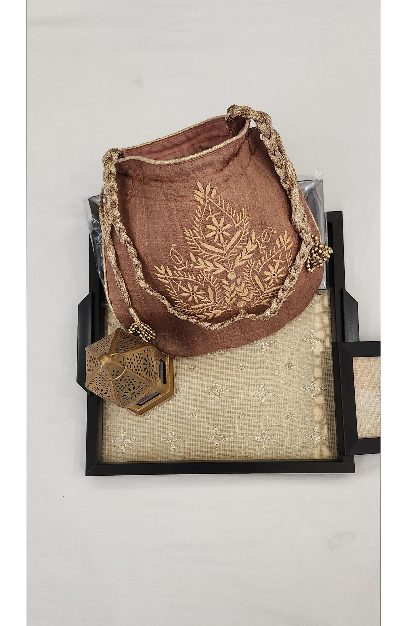 Brown Chikankari Potli Bag in Monga Silk  Rohia By Chhangamal