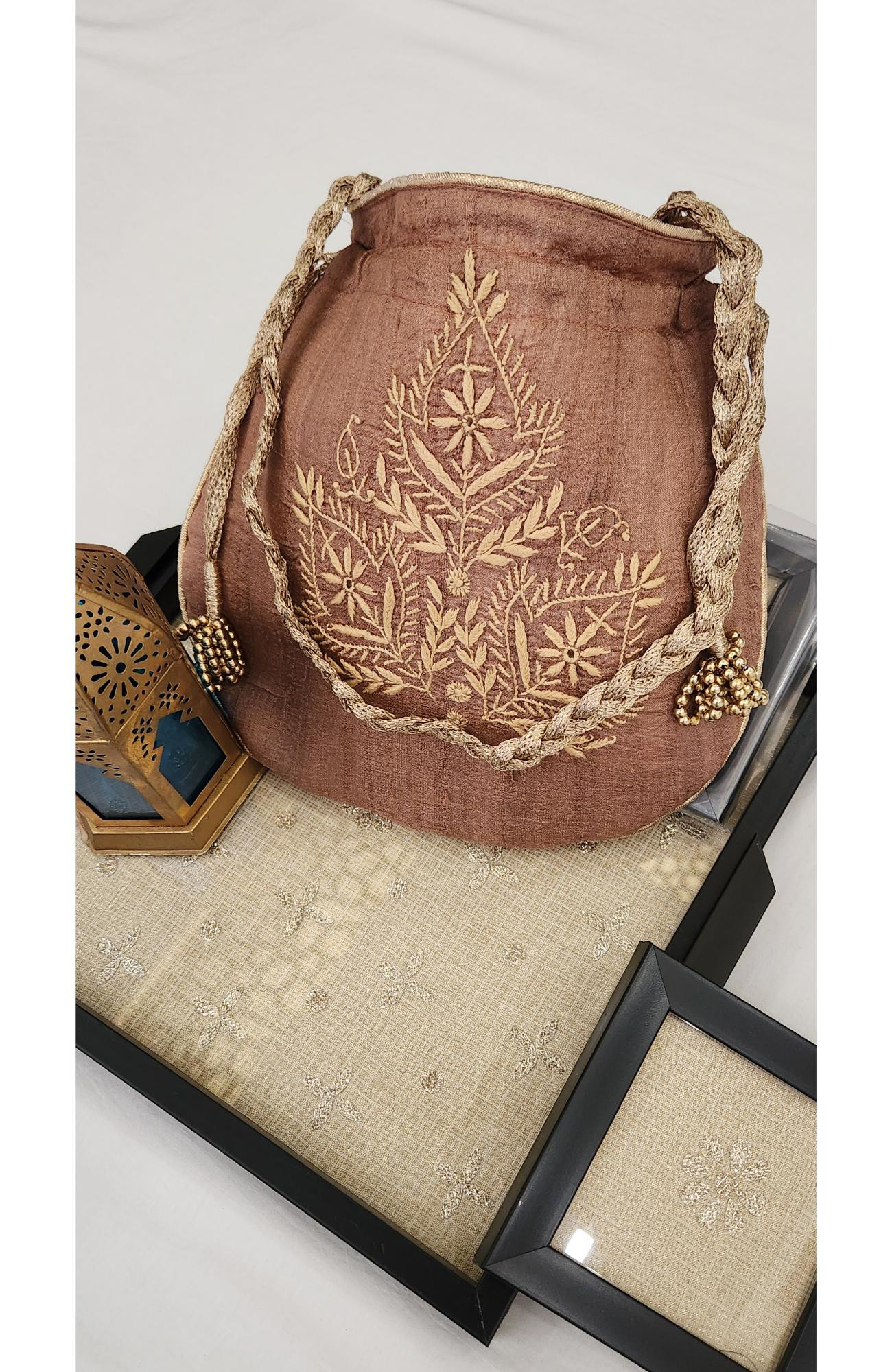 Brown Chikankari Potli Bag in Monga Silk  Rohia By Chhangamal