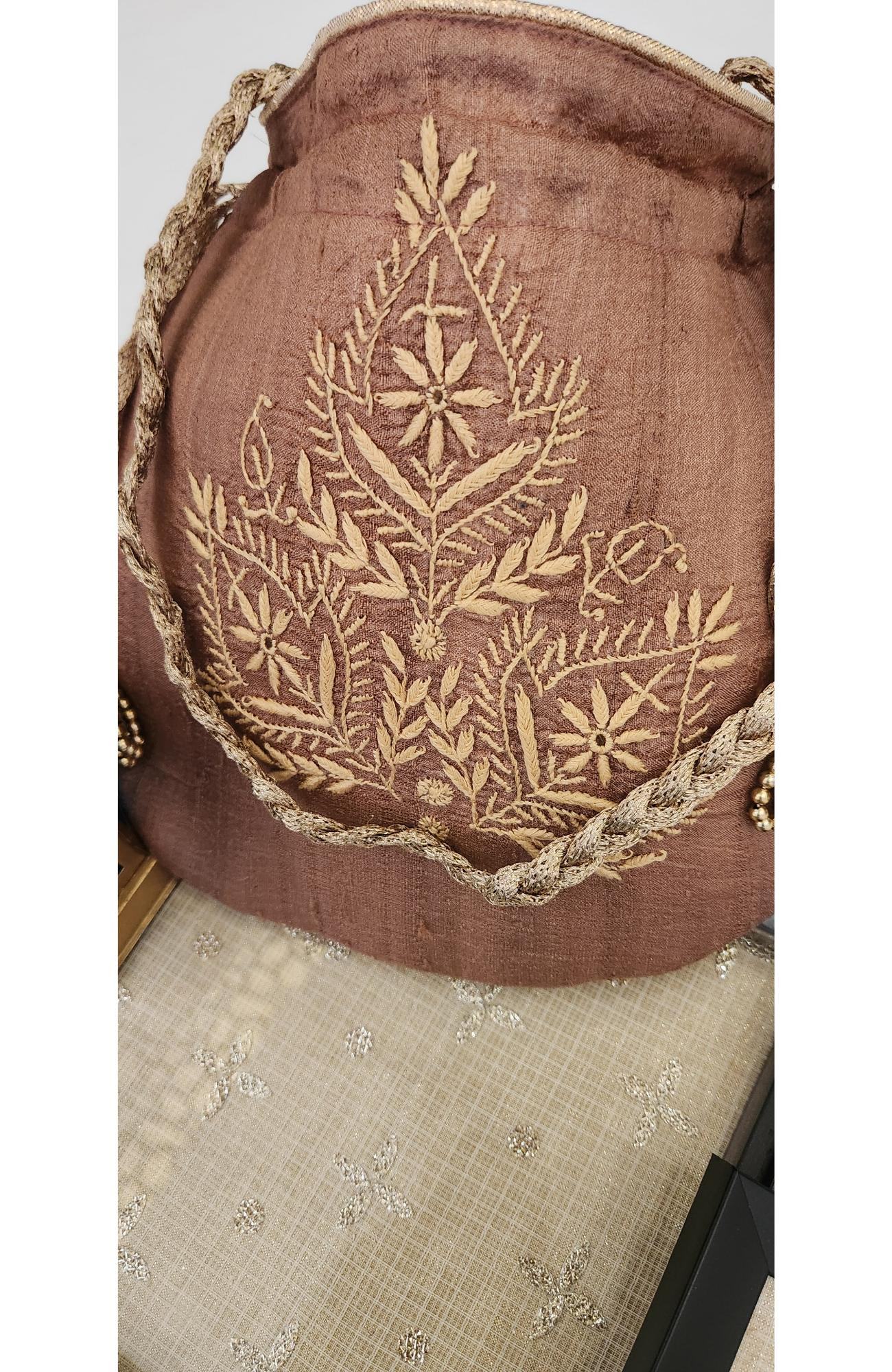 Brown Chikankari Potli Bag in Monga Silk  Rohia By Chhangamal