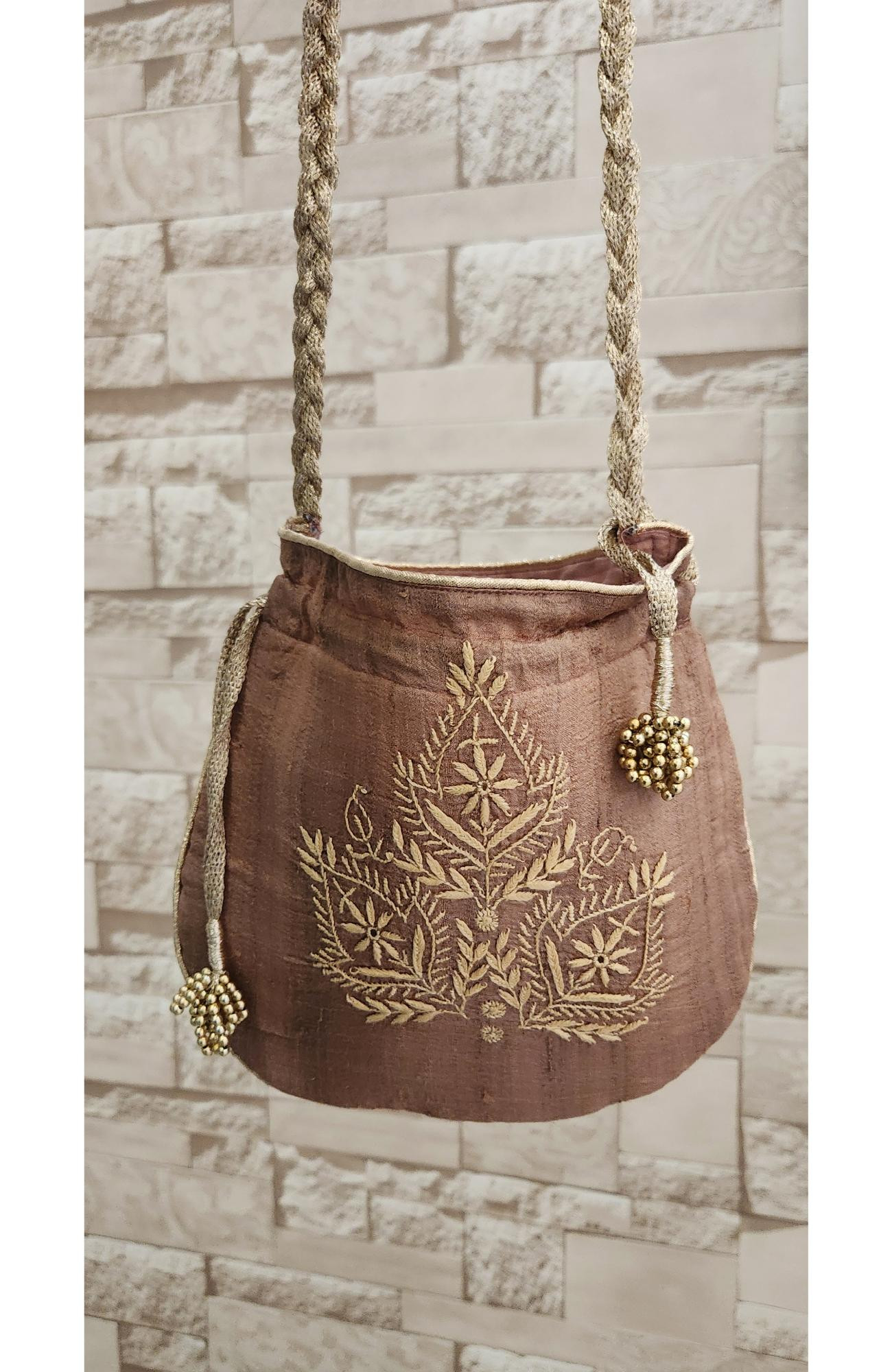 Brown Chikankari Potli Bag in Monga Silk  Rohia By Chhangamal