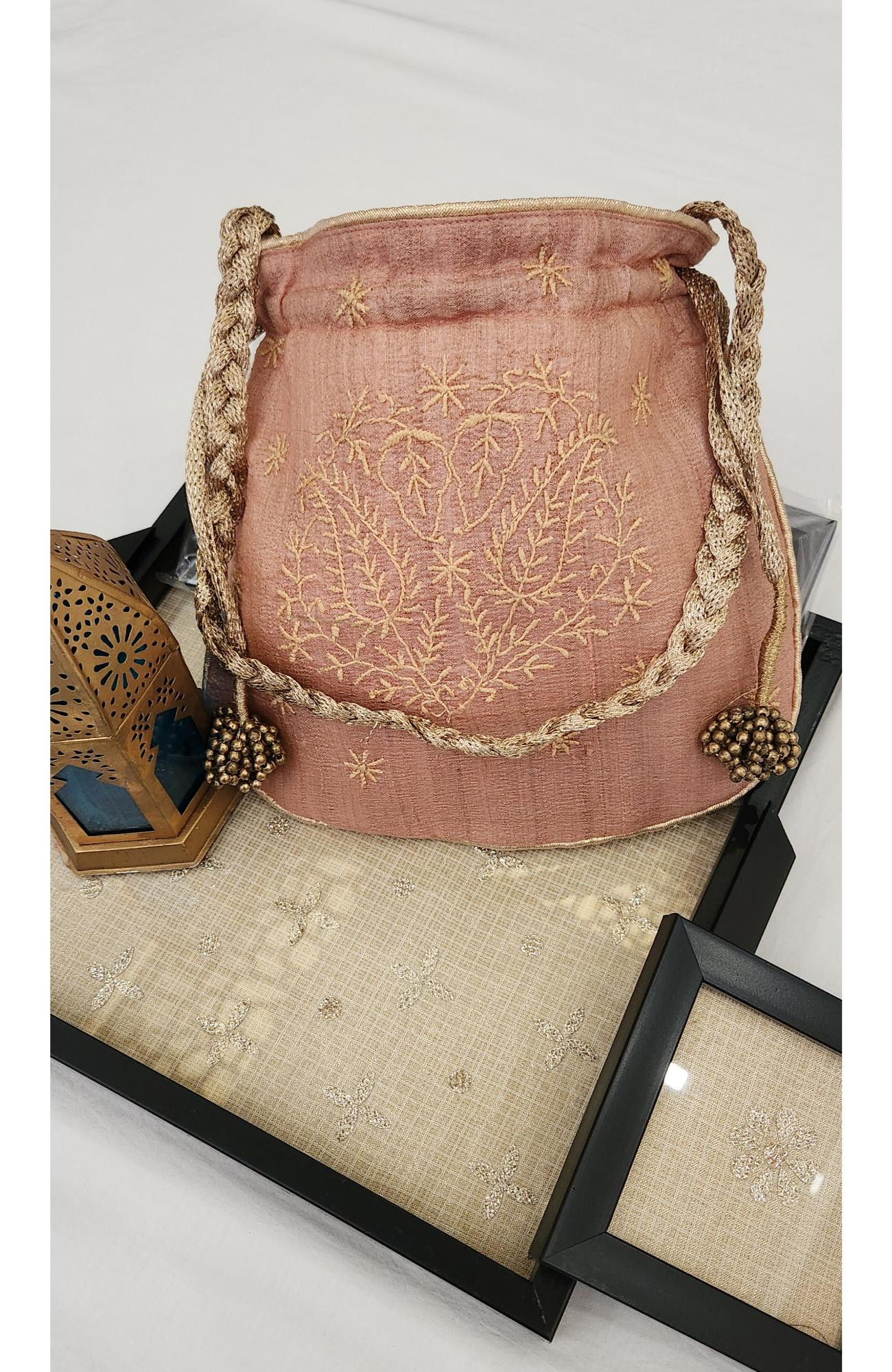 Peach Monga Silk Chikankari Potli