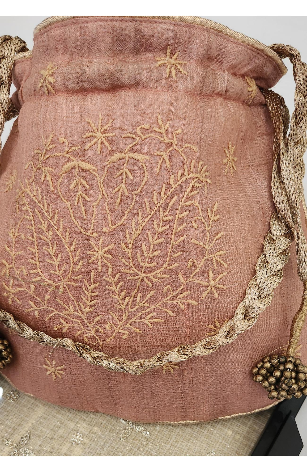 Peach Monga Silk Chikankari Potli