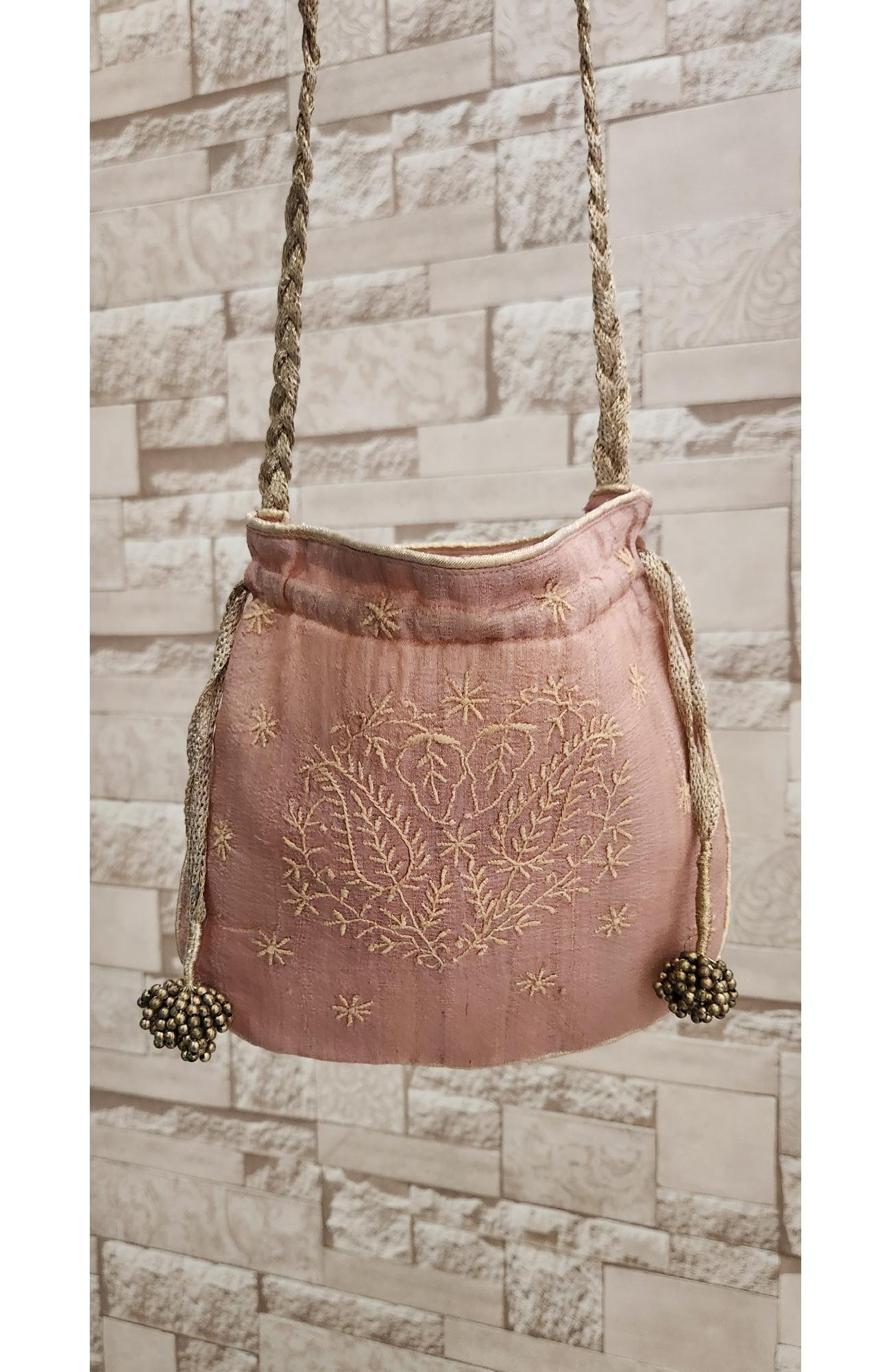 Peach Monga Silk Chikankari Potli