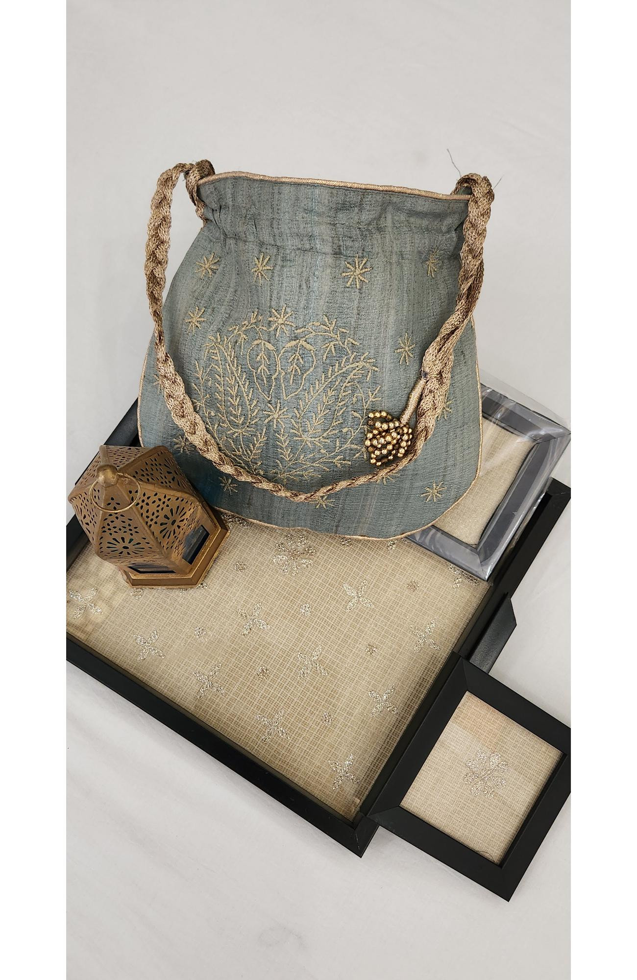 Green Monga Silk Chikankari Potli Rohia Chhangamal