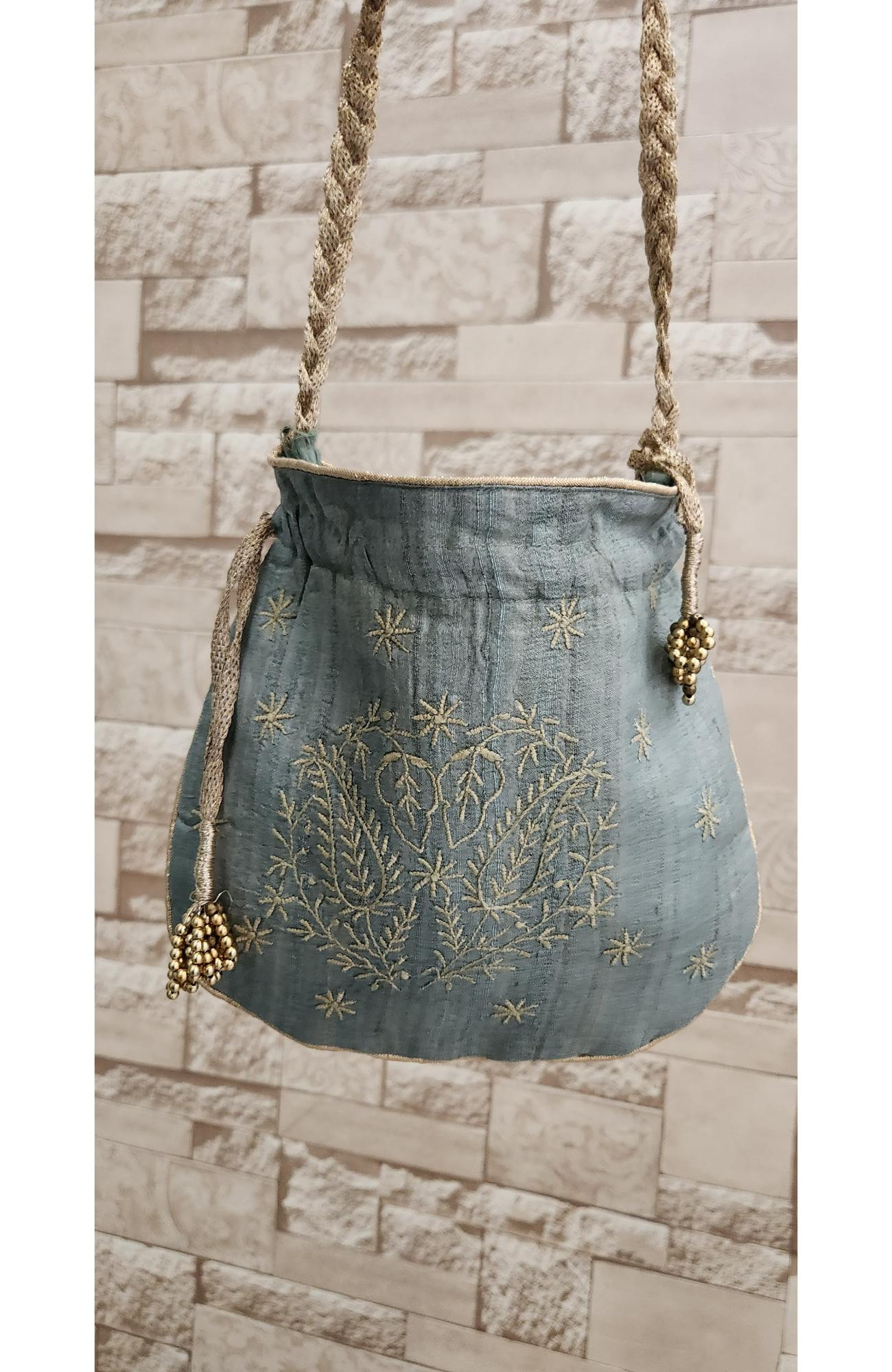 Green Monga Silk Chikankari Potli Rohia Chhangamal