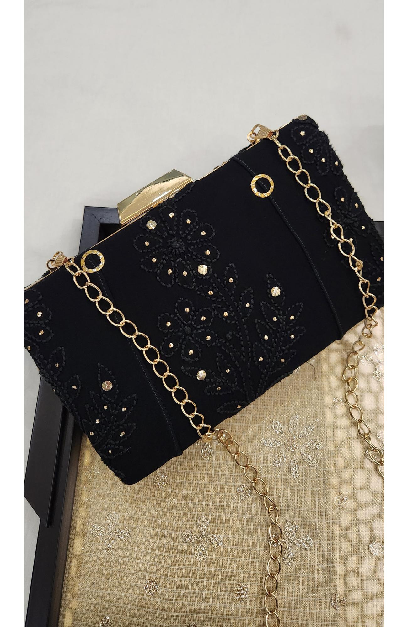Black Pure Georgette Chikankari Bag Rohia Chhangamal