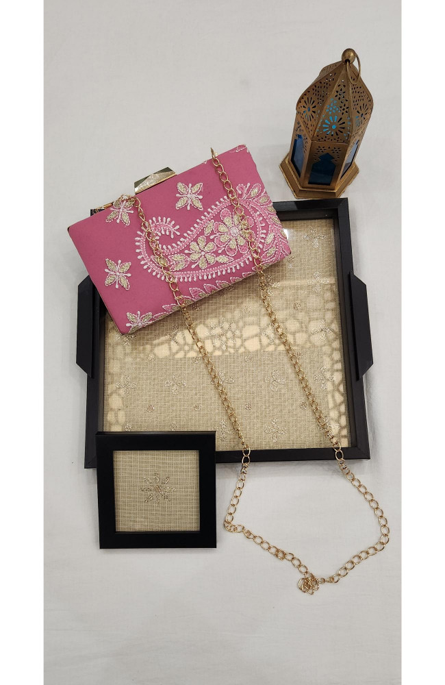 Image of Pink Pure Georgette Chikankari Bag Rohia Chhangamal