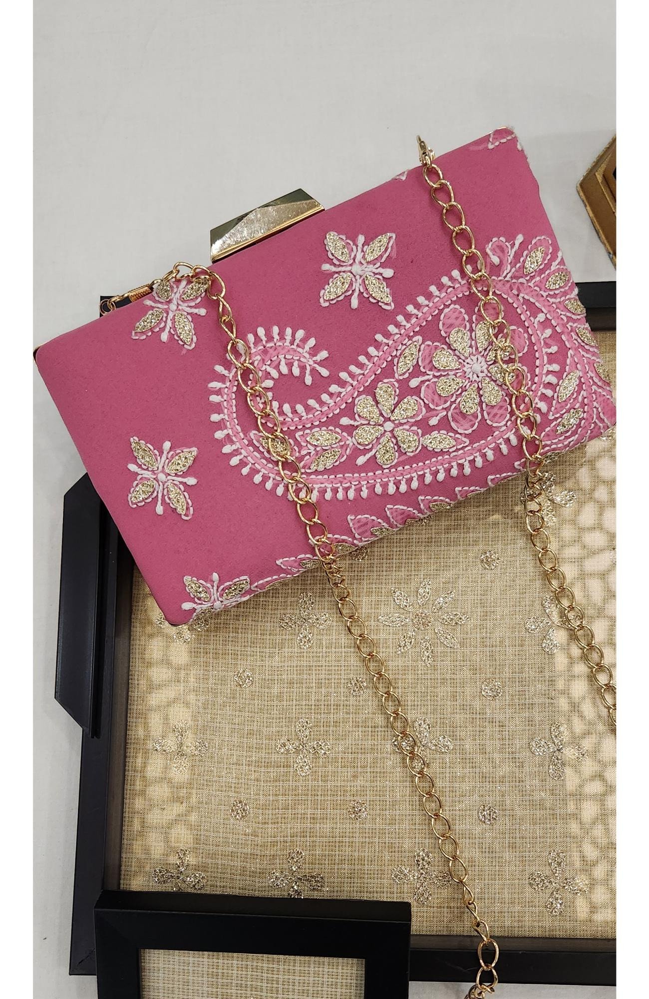 Pink Pure Georgette Chikankari Bag Rohia Chhangamal
